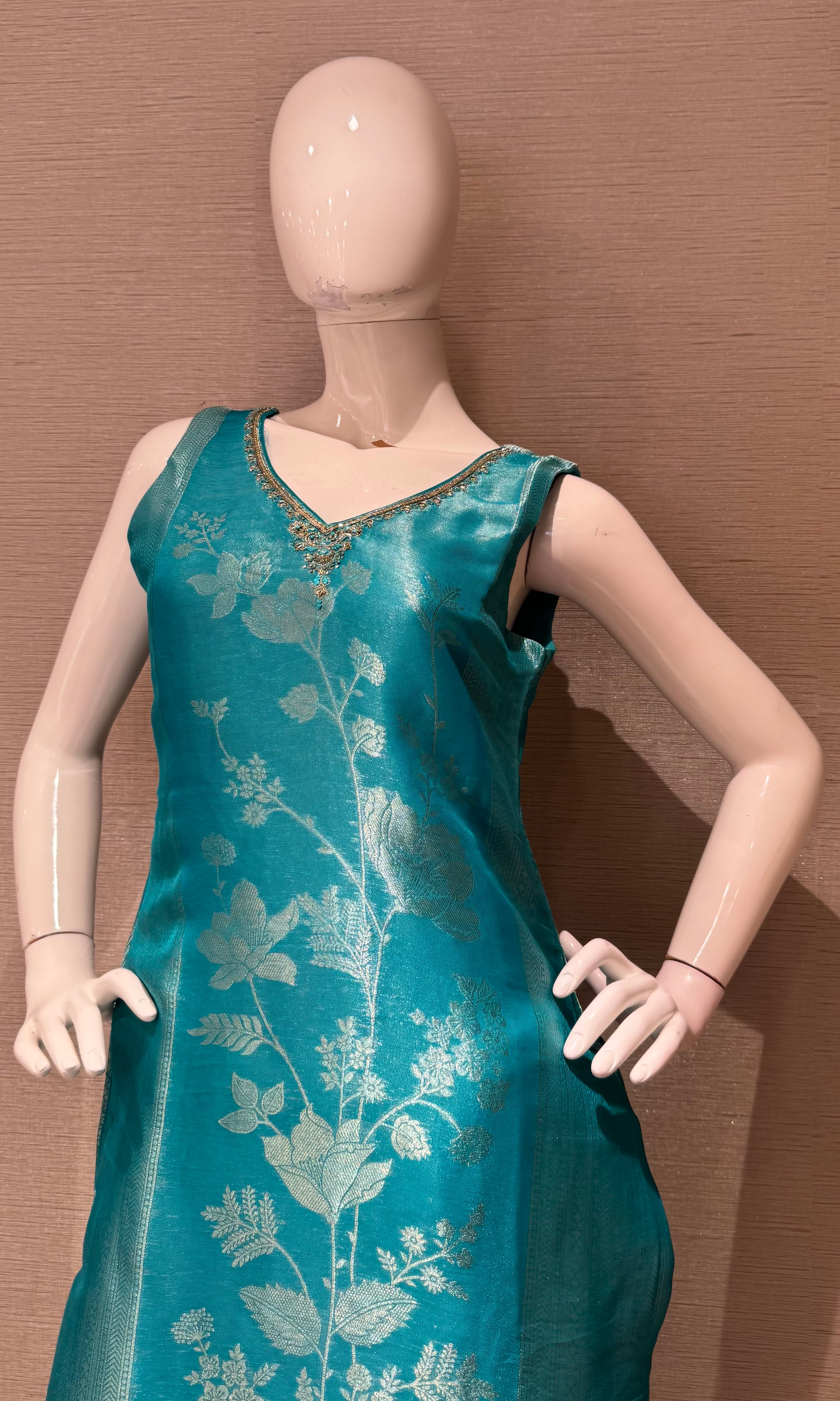 Rama Blue Banarasi Kurta set with Matching Dupatta