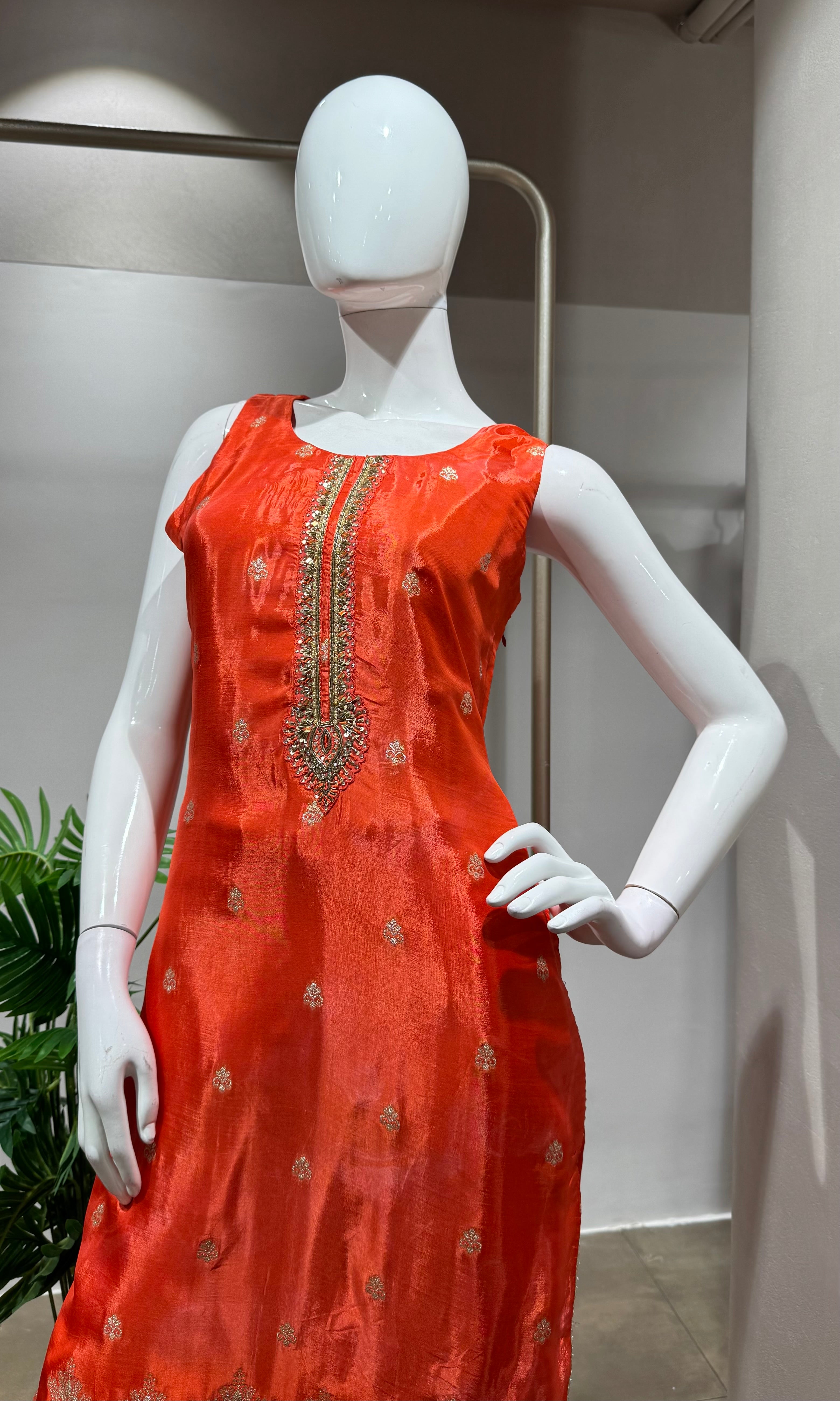 Orange Silk Embroidered Kurta Set