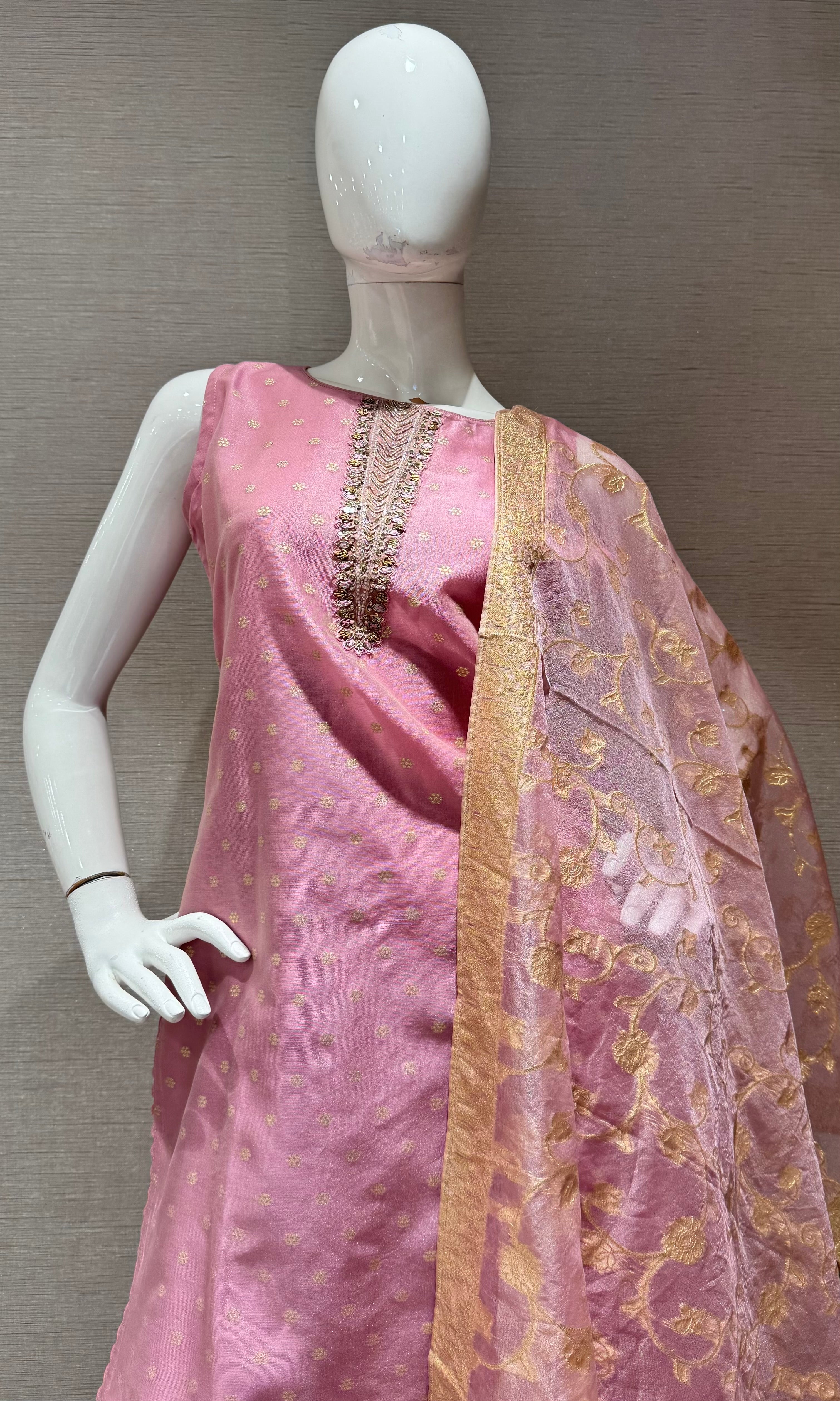 pink kurta set with gold embroidery with sheer dupatta