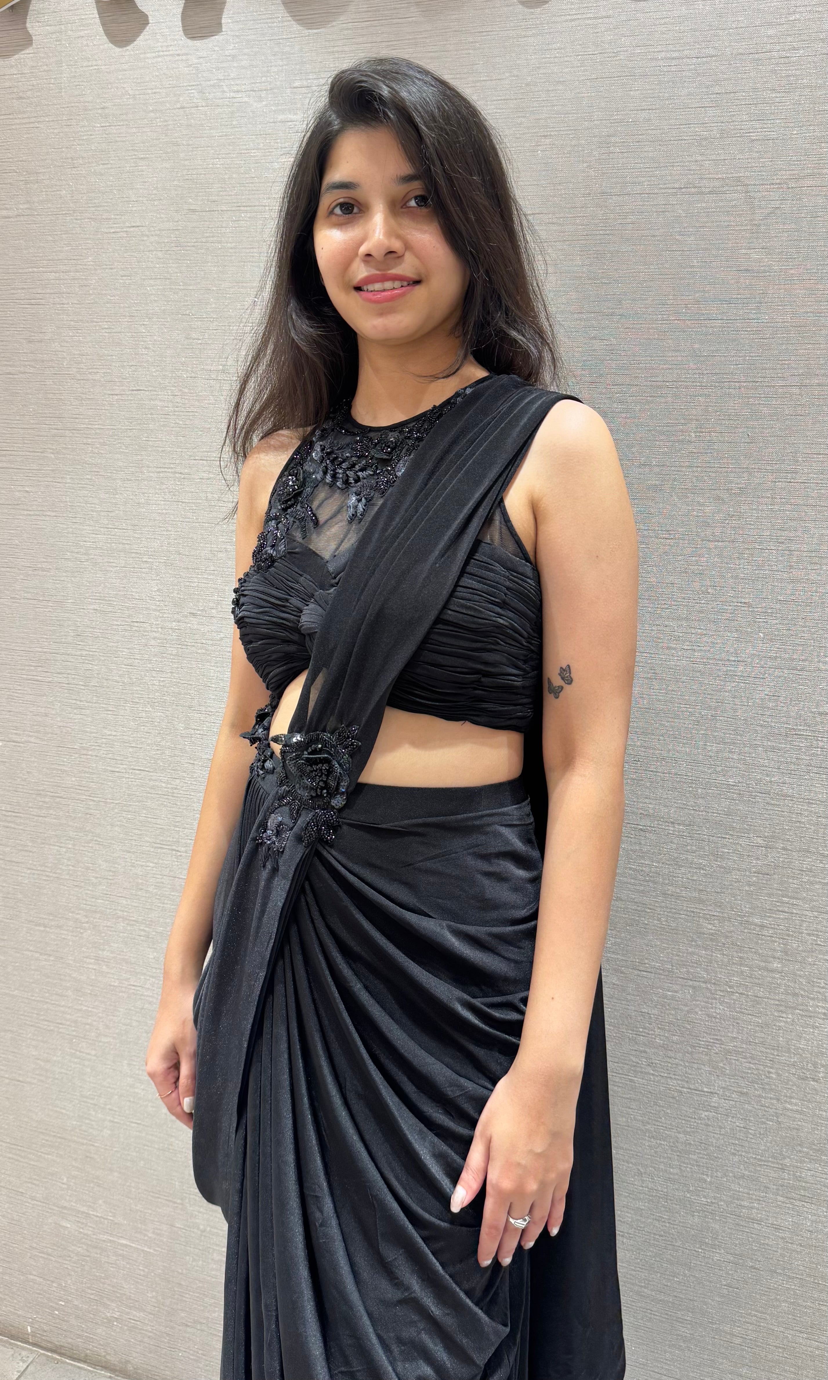 Black drape saree with halter neck blouse