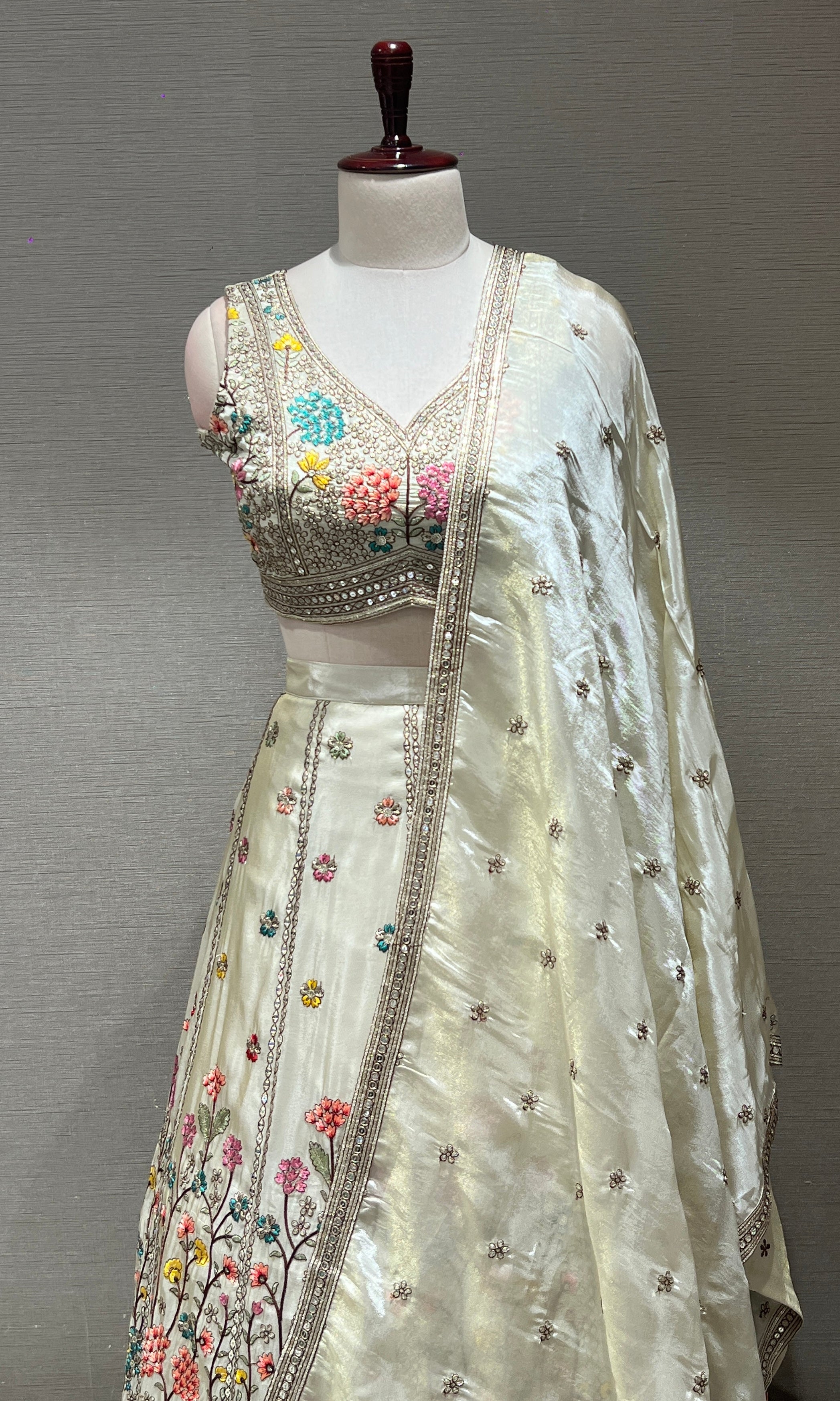 Half white floral embroidery Lehenga