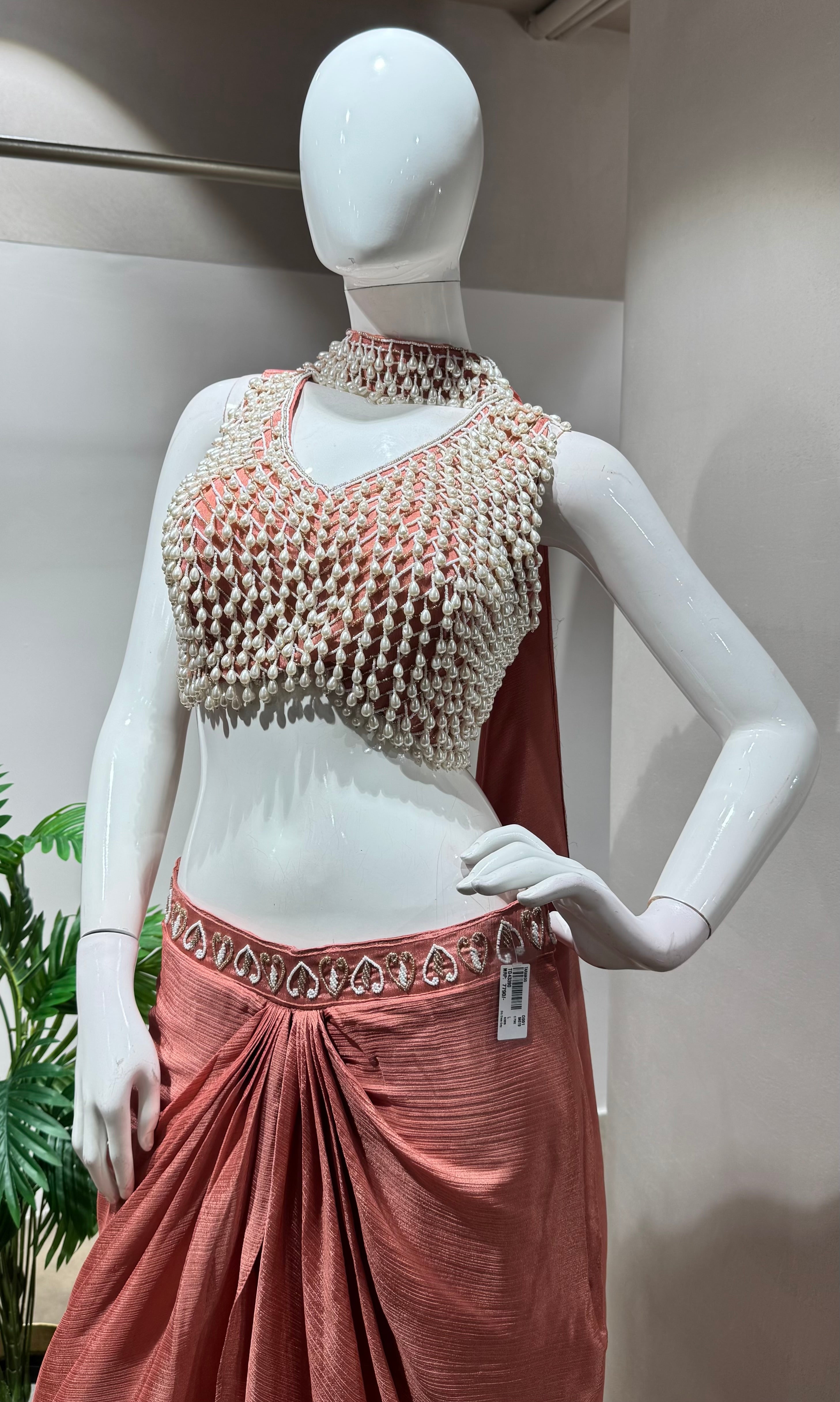 Onion pink designer blouse with drape skirt