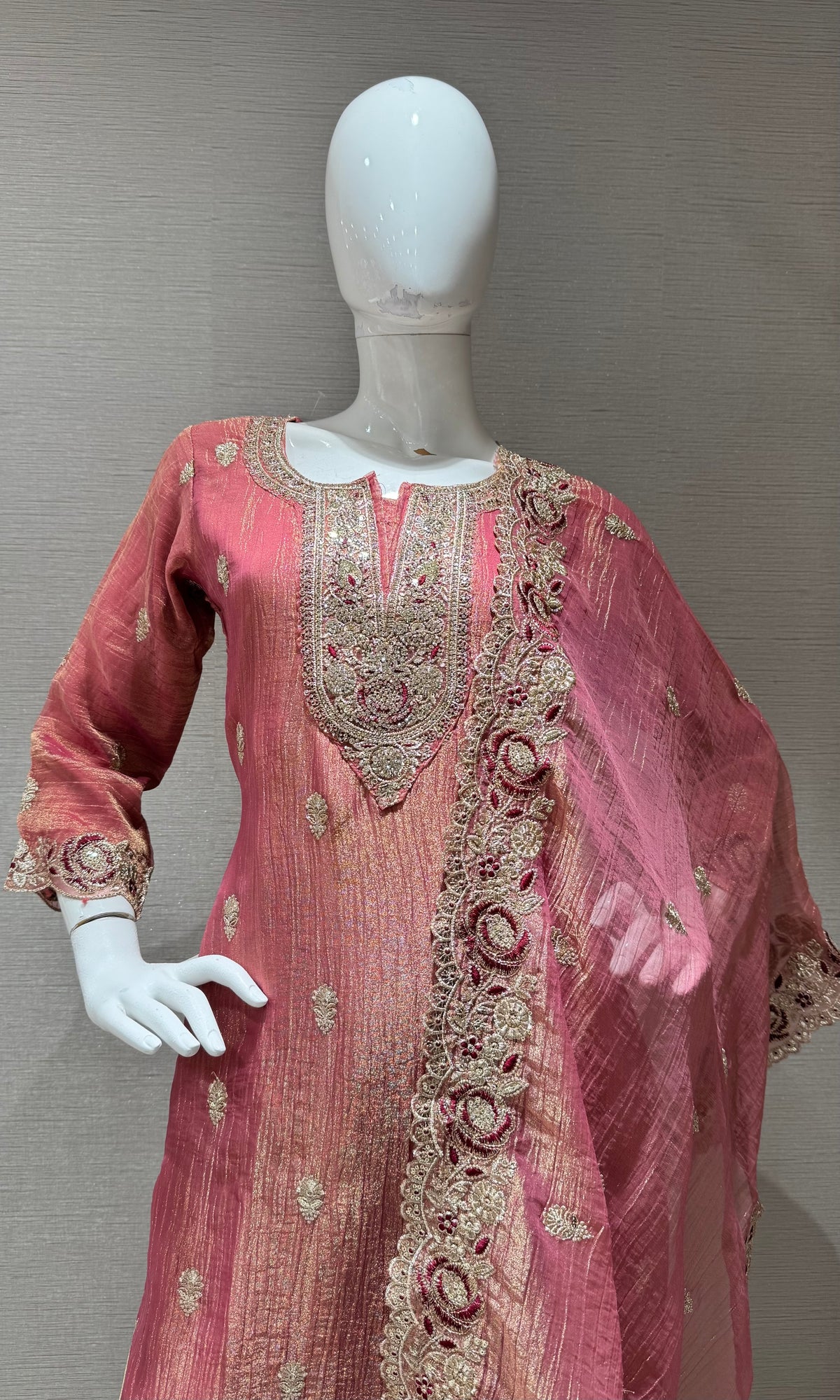 pink Tissue silk Ethnic Kurta Set with Zari dupatta