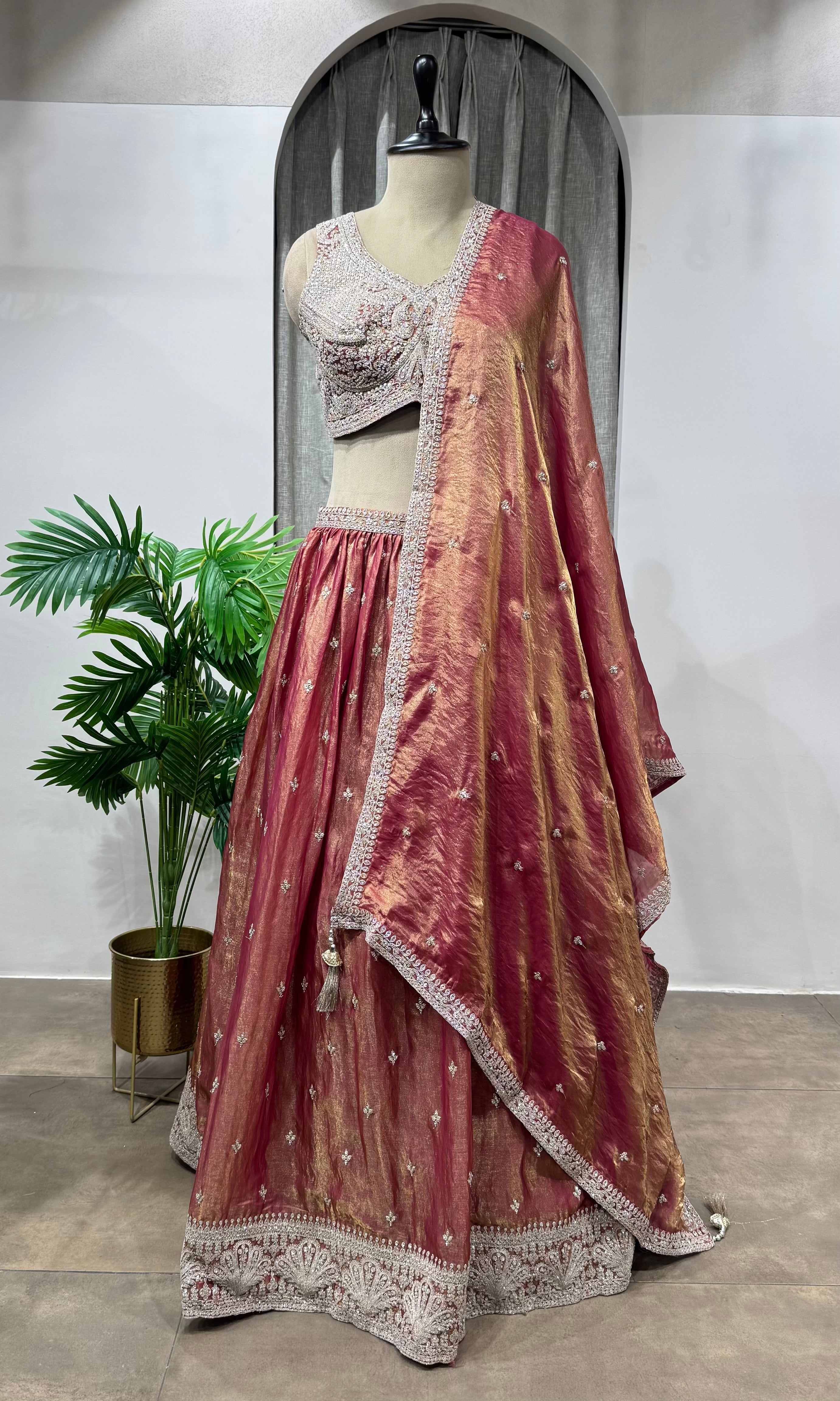 Rust Banarasi Silk Crop Top Lehenga