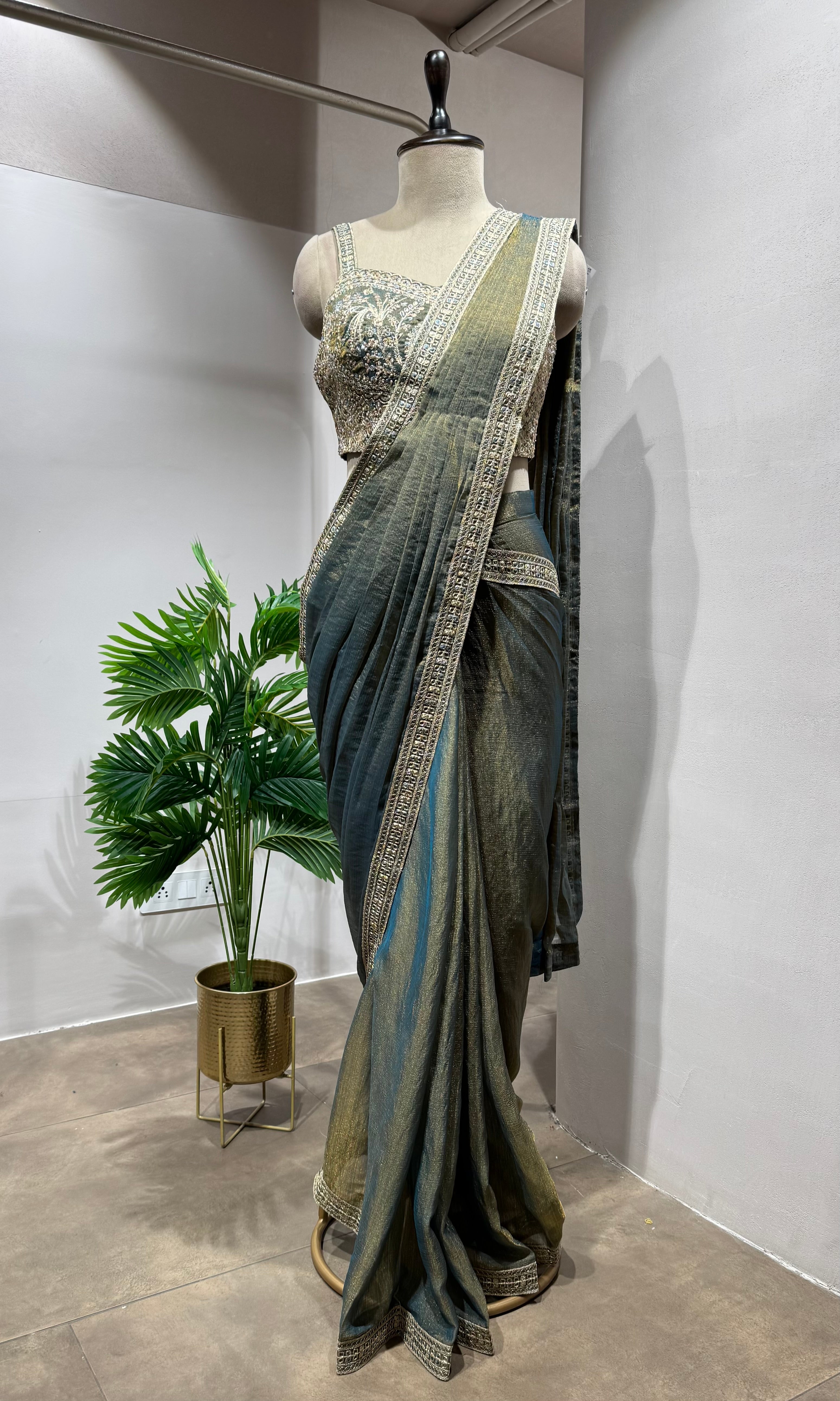 Green and Silver Shimmer drape Saree