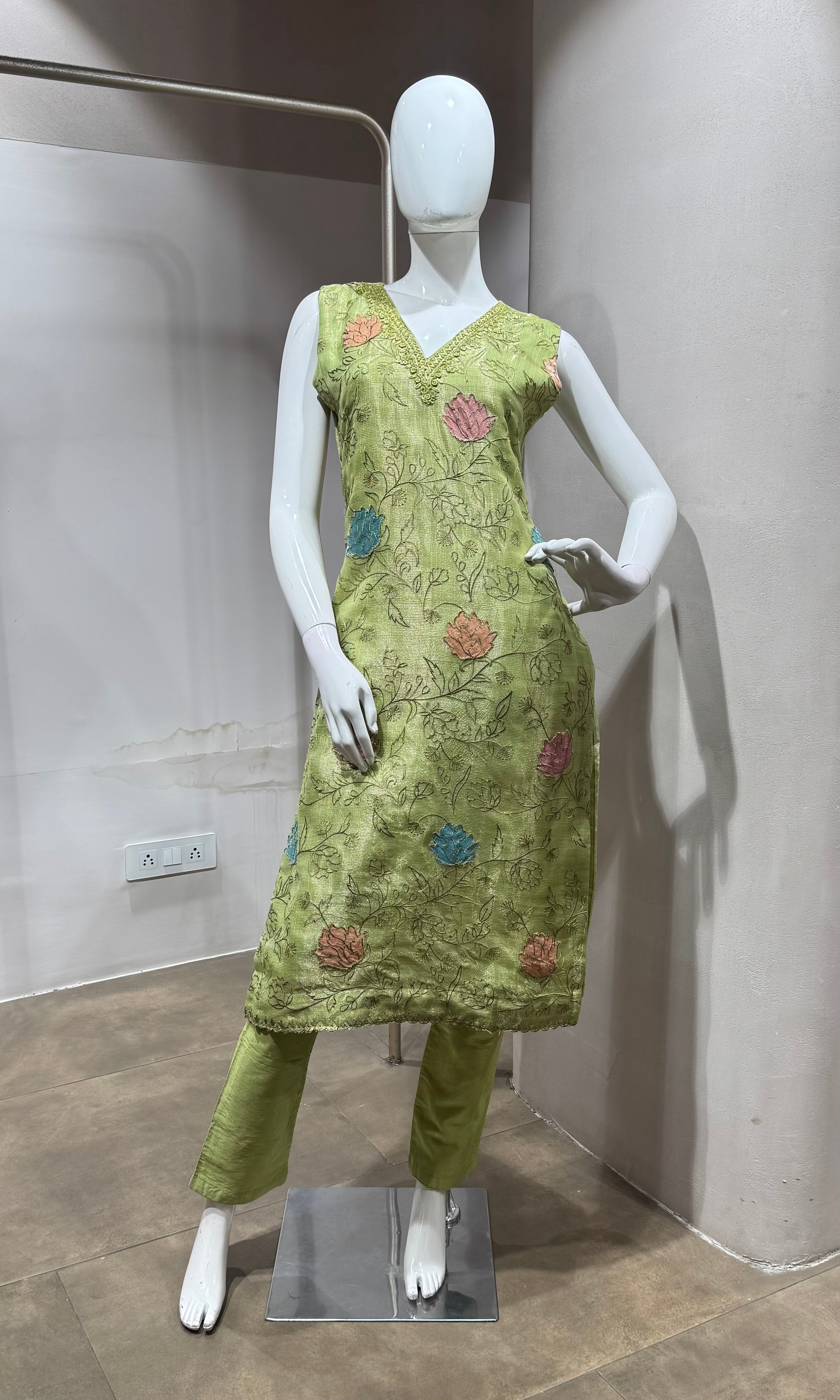 green tissue kurta set with sheer dupatta