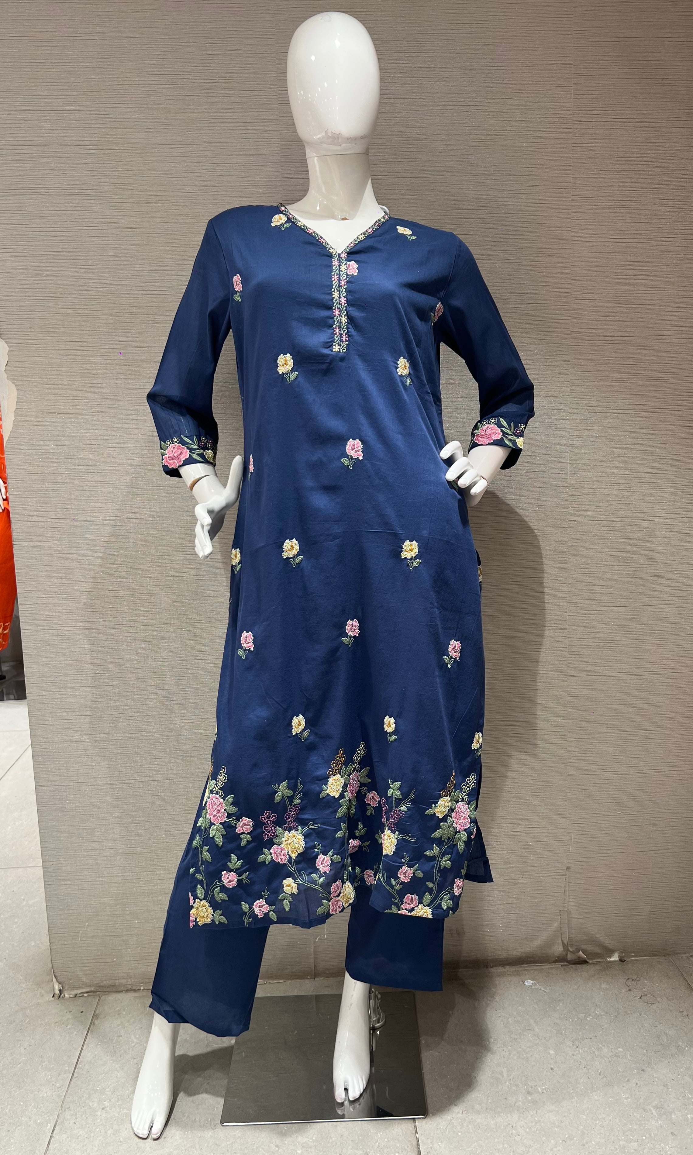 Blue Floral Chanderi Ethnic Kurta set