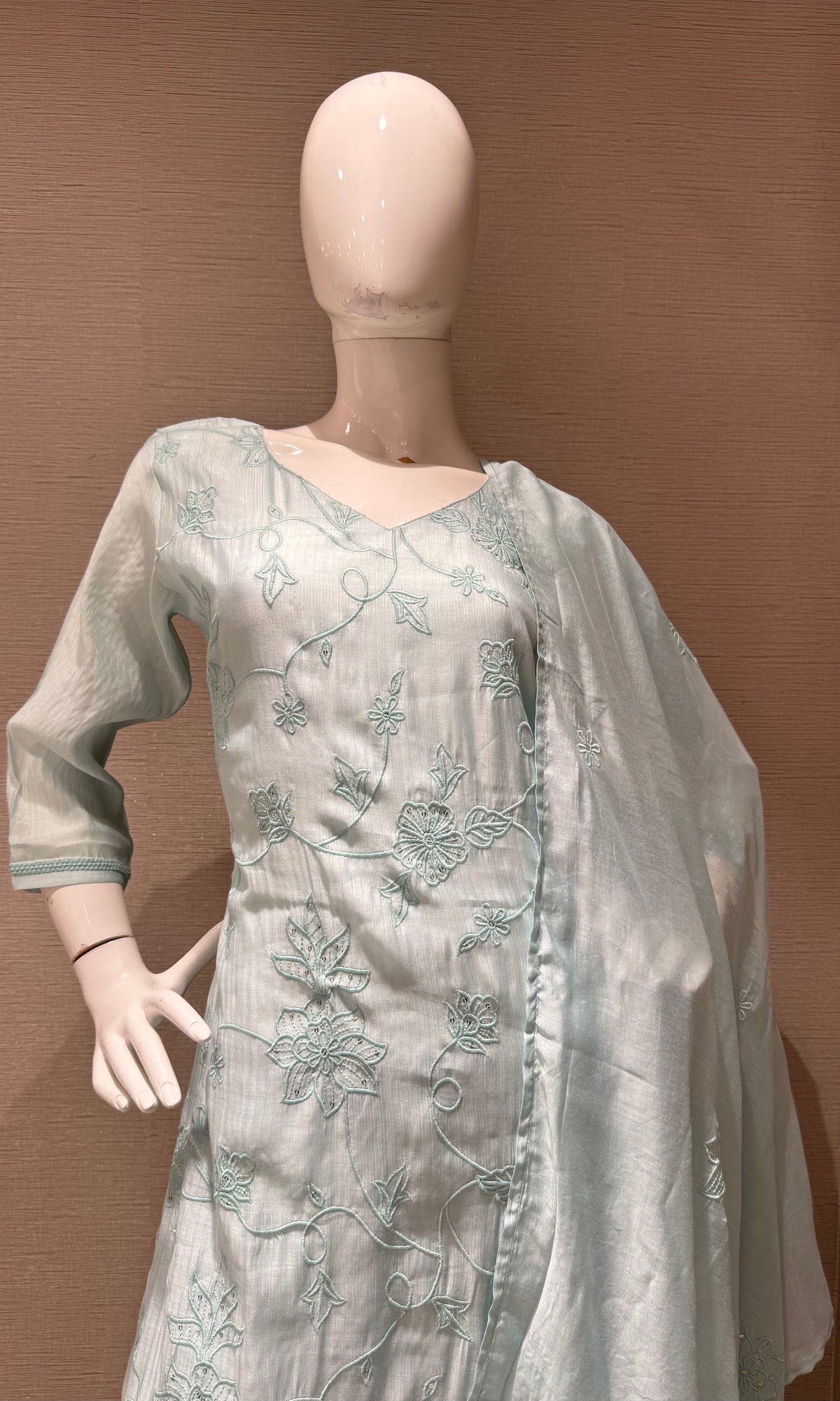 Sky blue silk floral embroidered kurta set with dupatta
