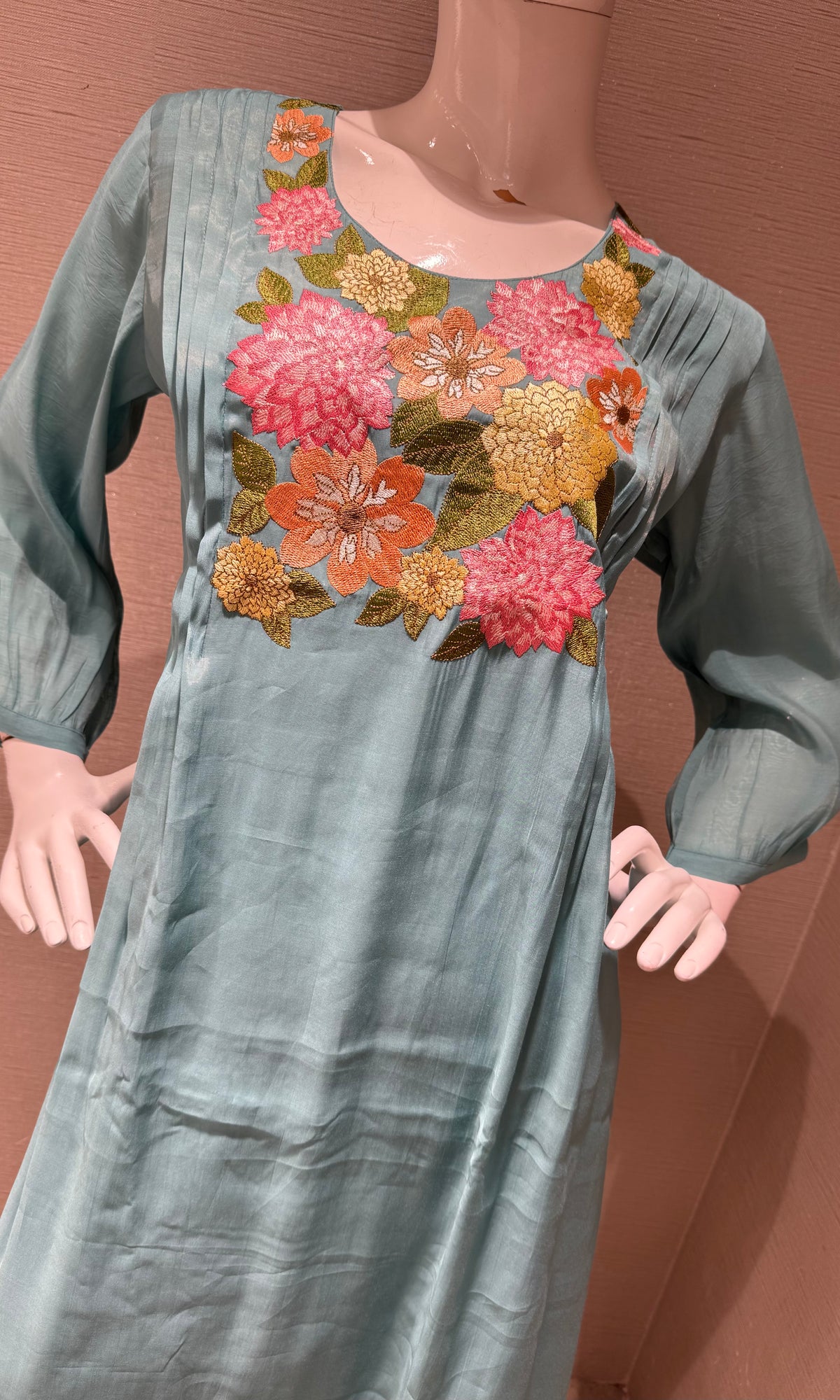 Blue Floral Embroidered Mul Chanderi A Line kurta Set with dupatta