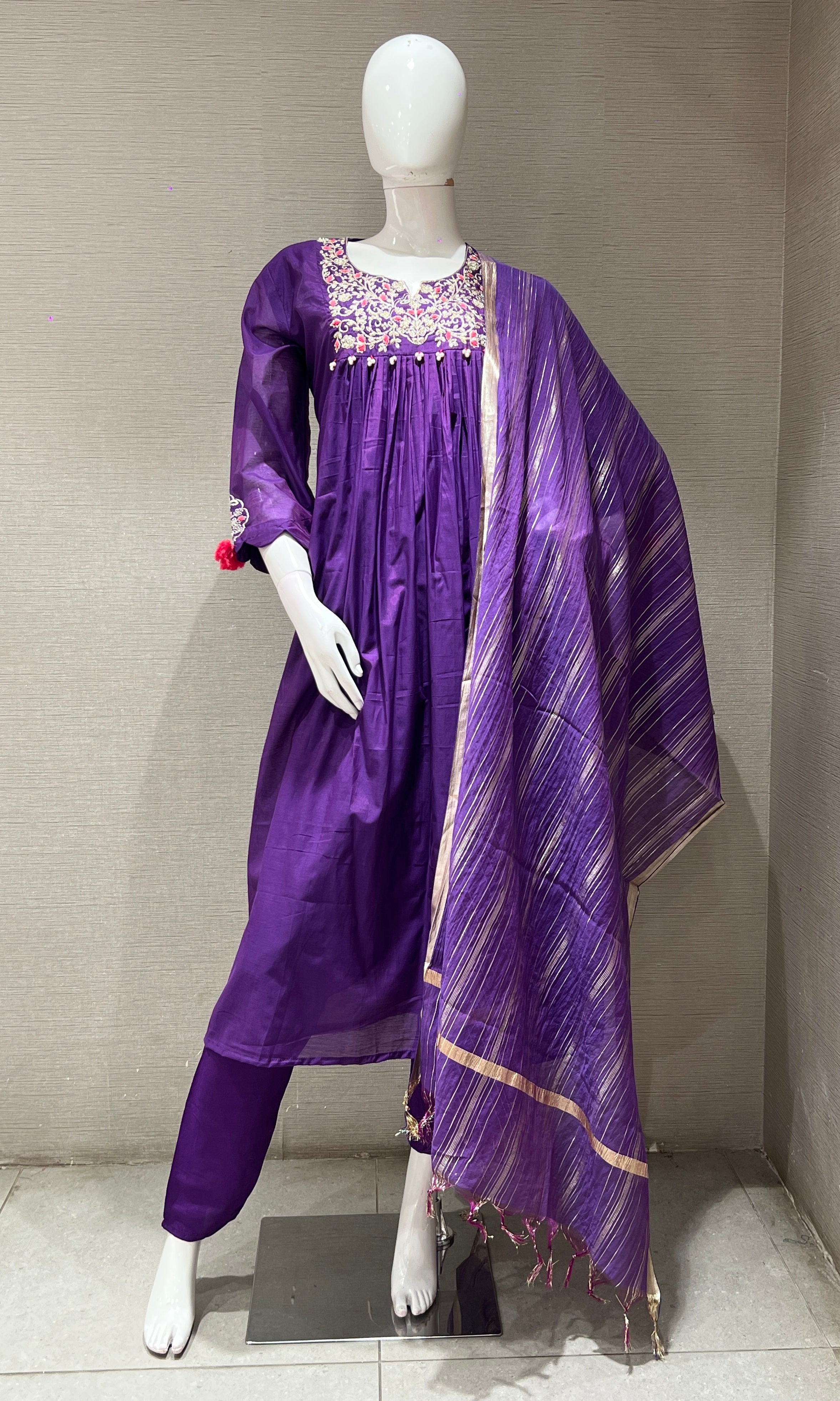 PURPLE EMBROIDERED A LINE KURTA SET