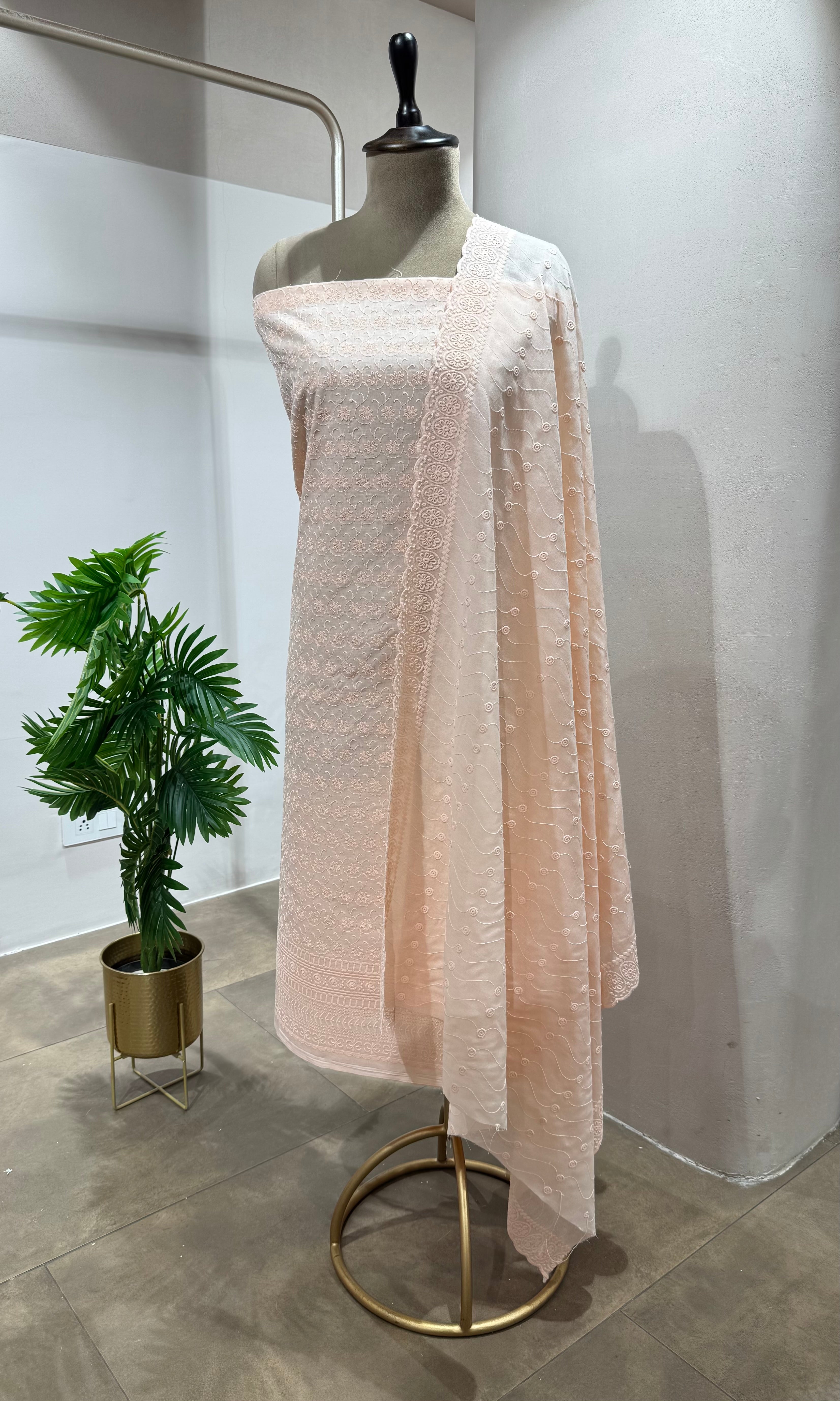 PEACH CHIKANKARI DRESS MATERIAL
