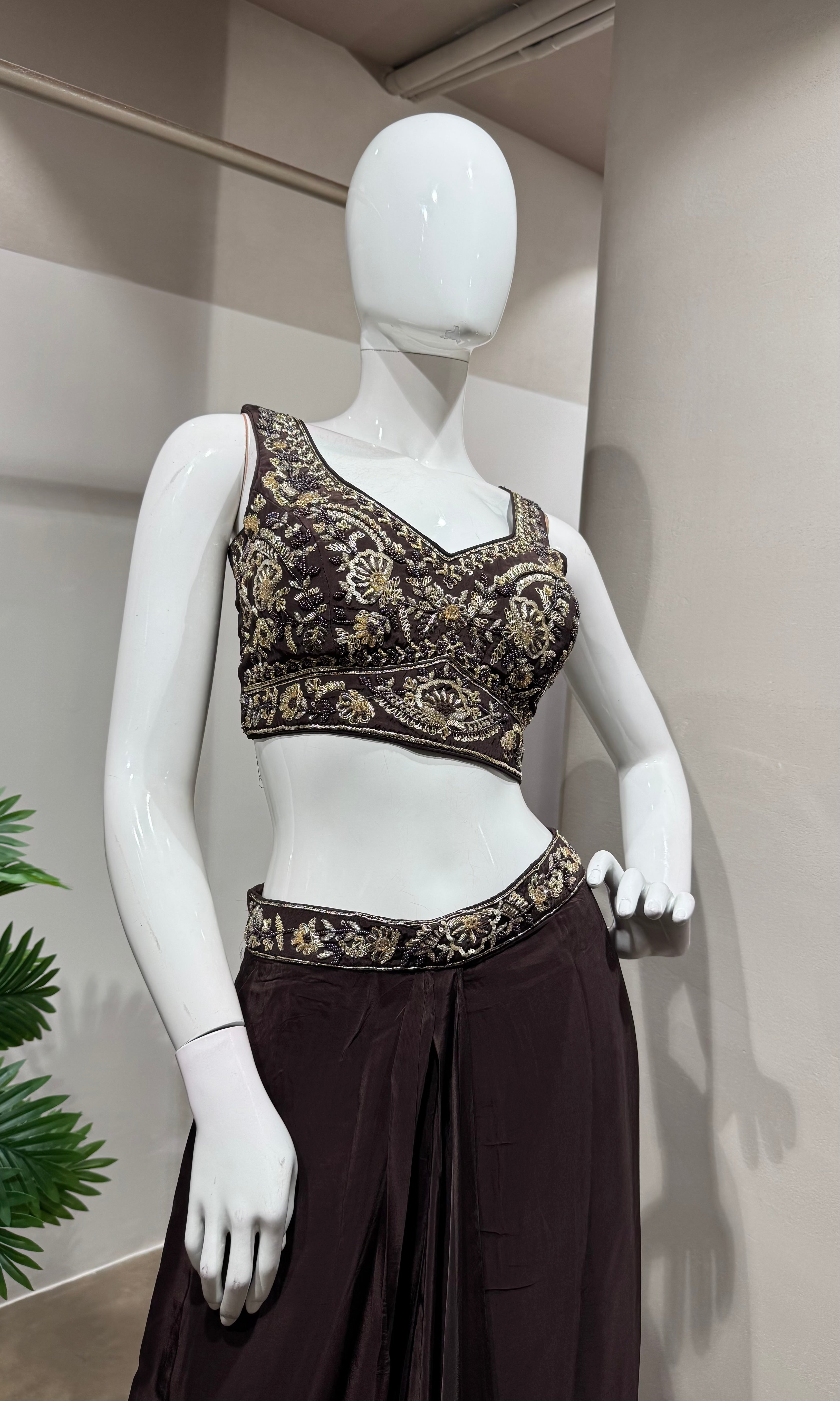 Brown silk drape skirt with cape & crop top