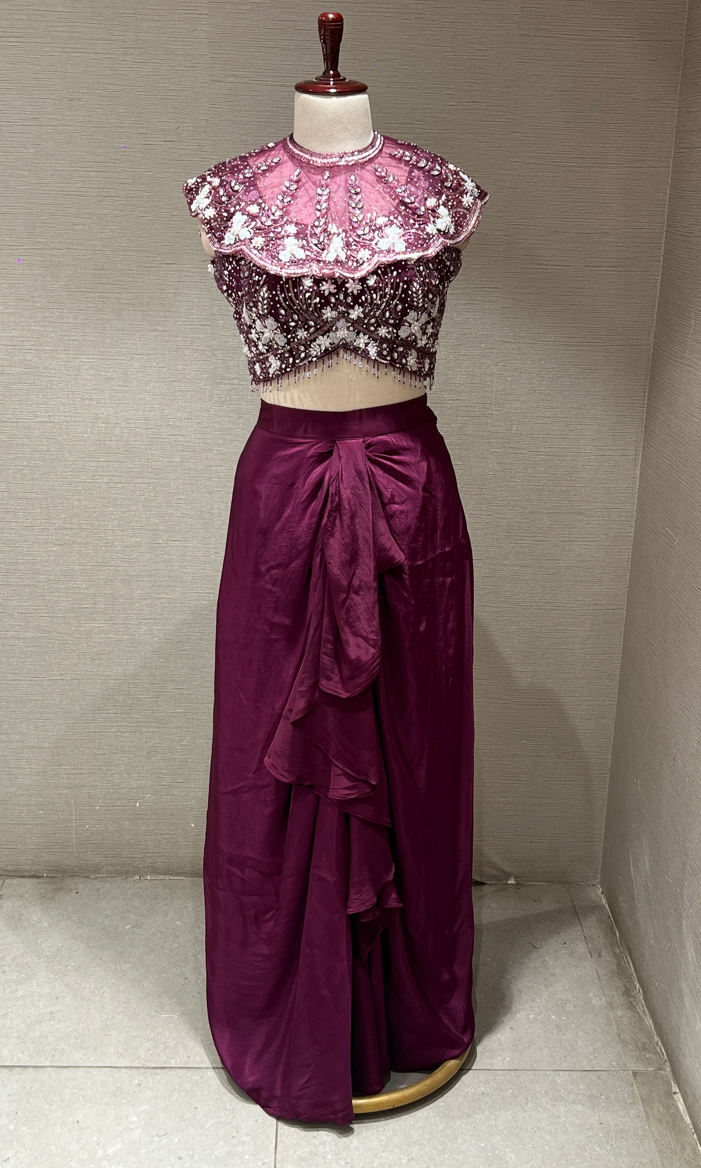 Wine Crystal Sequin BLOUSE with Ruffle Drape Skirt