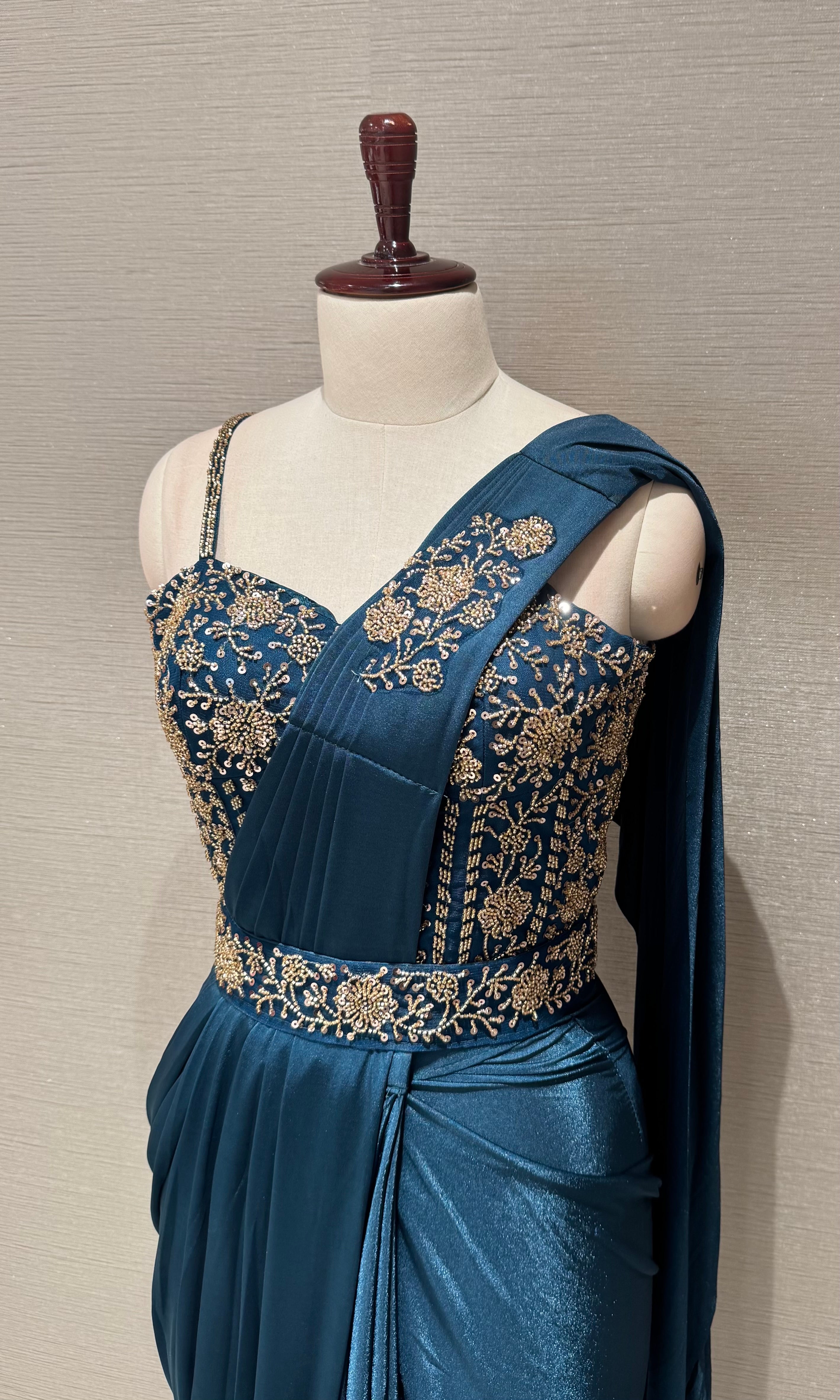 Blue Drape saree with embellished corset blouse