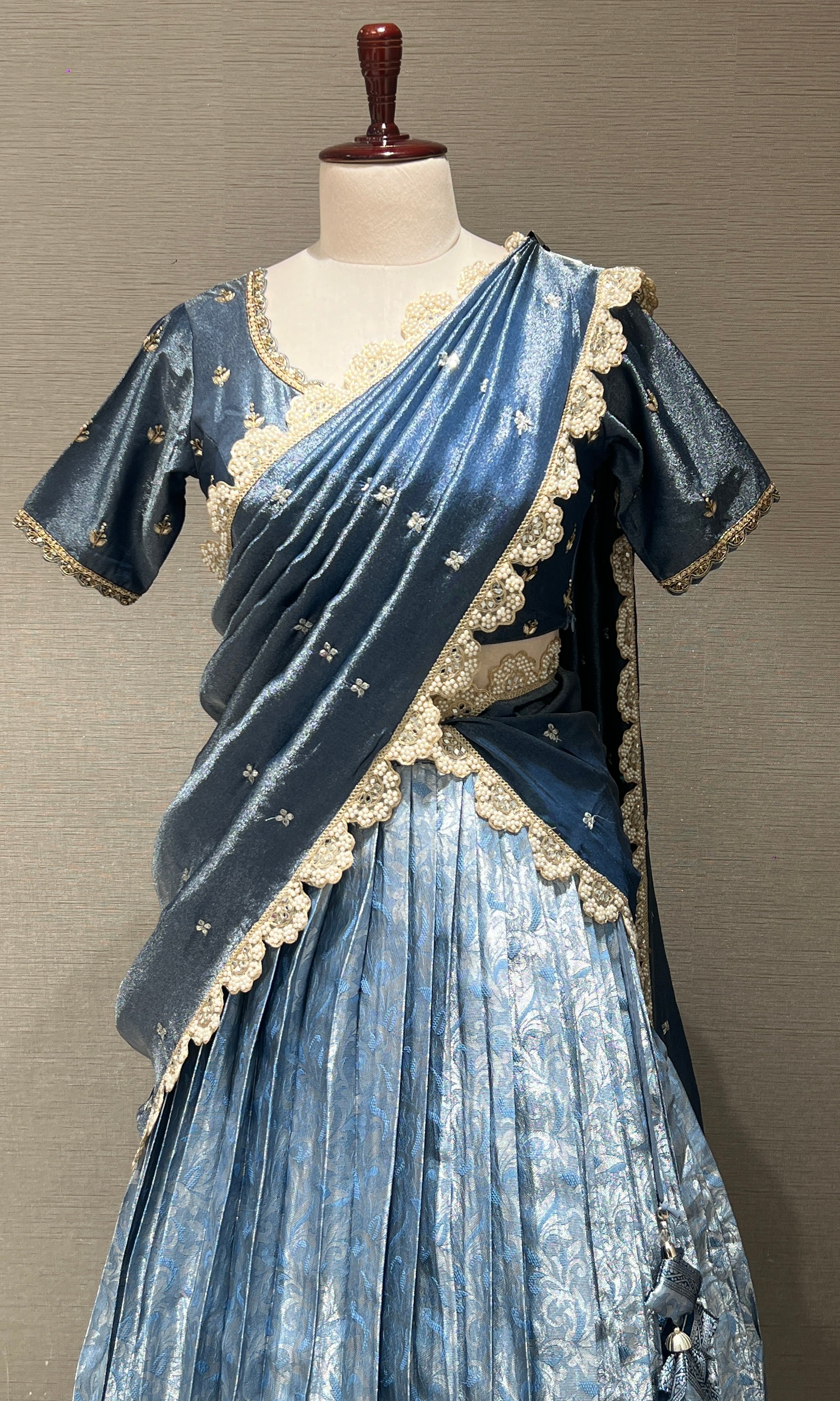 GREY BANARASI Lehenga with Ivory Lace Work