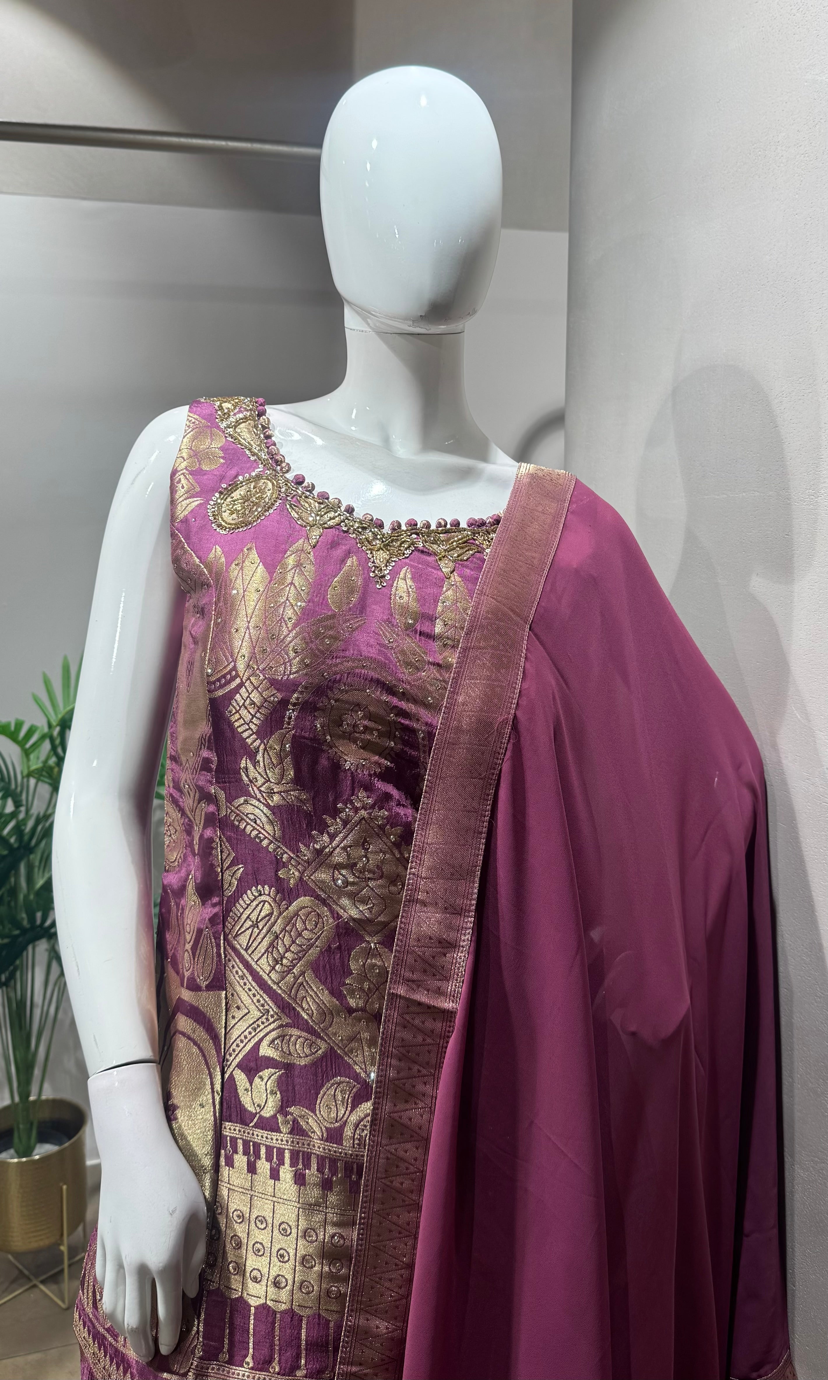 wine golden zari embroidered sharara set