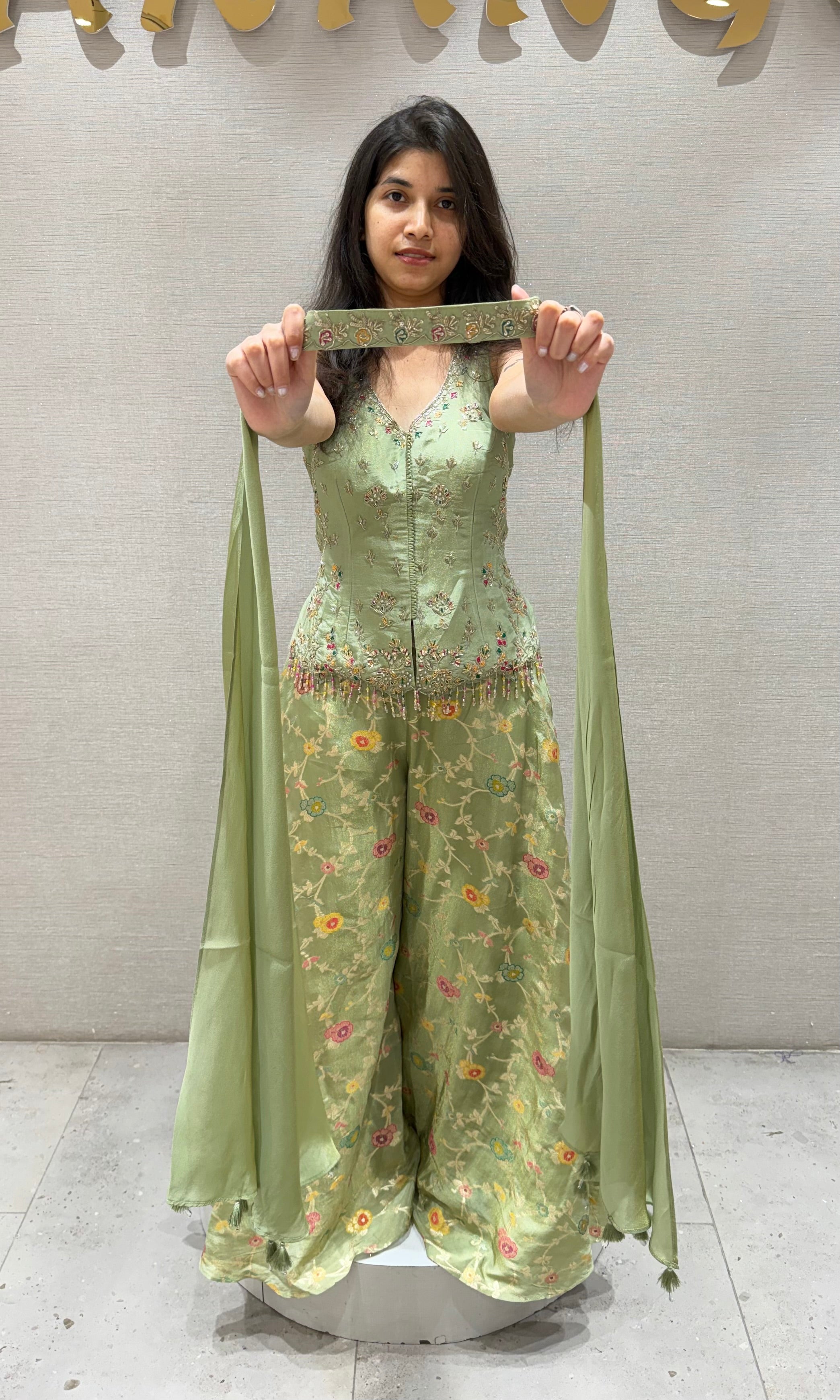 Pista green FLORAL EMBROIDERED PALAZZO SET