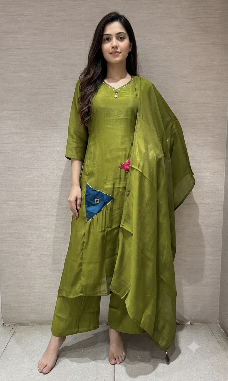 Olive Green Embroidered Kurta Set with Sheer Overlay