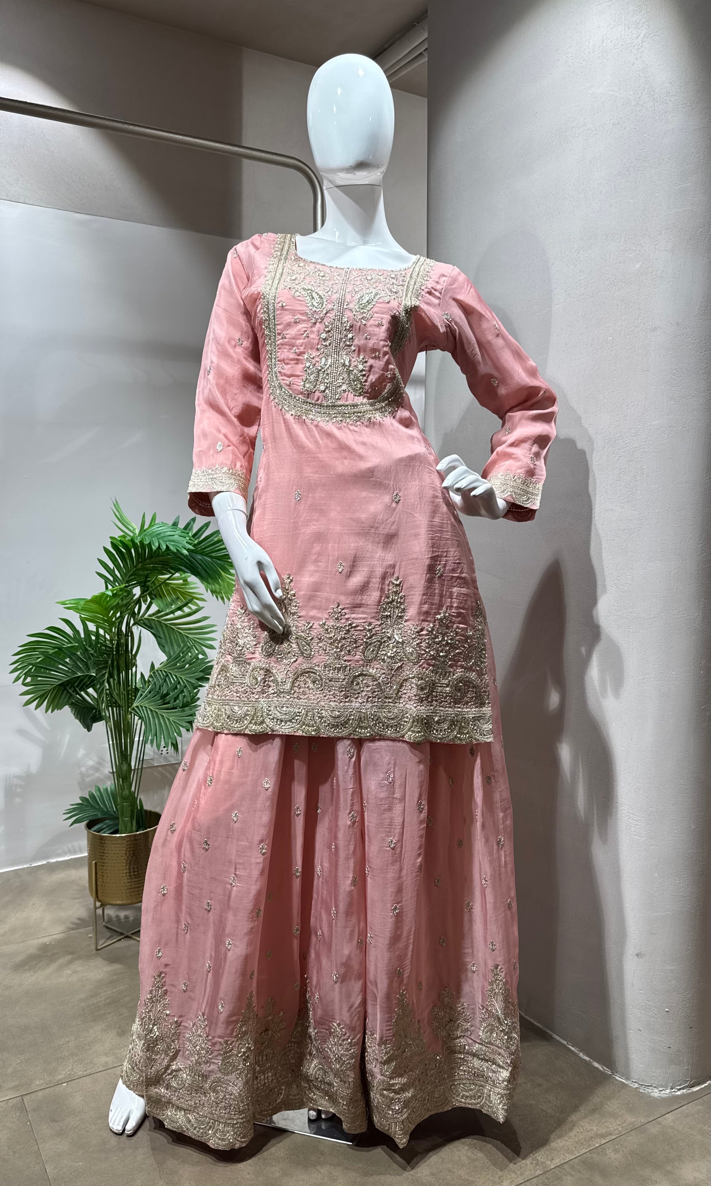 pink silk embroidered sharara set