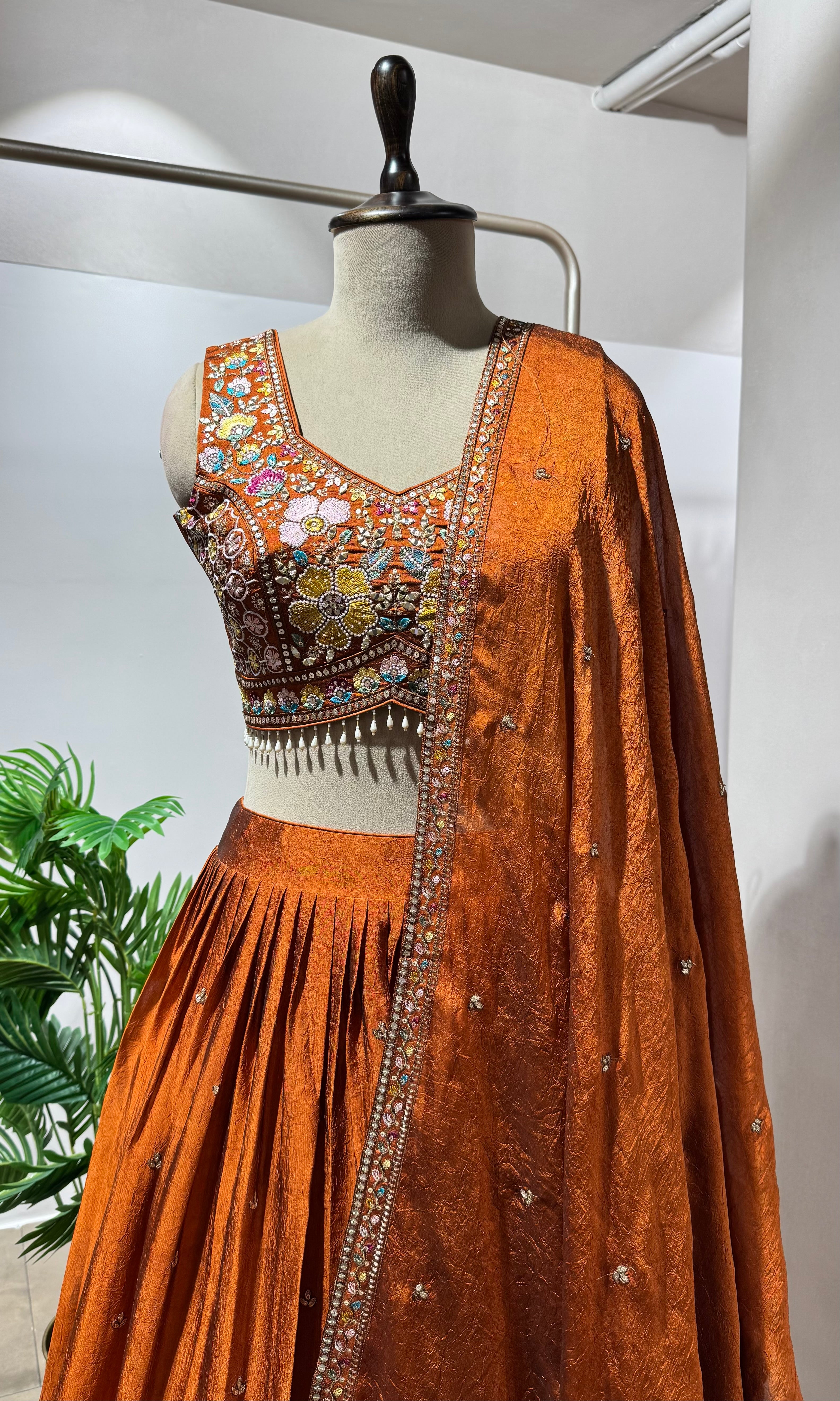 Rust FLORAL EMBROIDERED LEHENGA SET