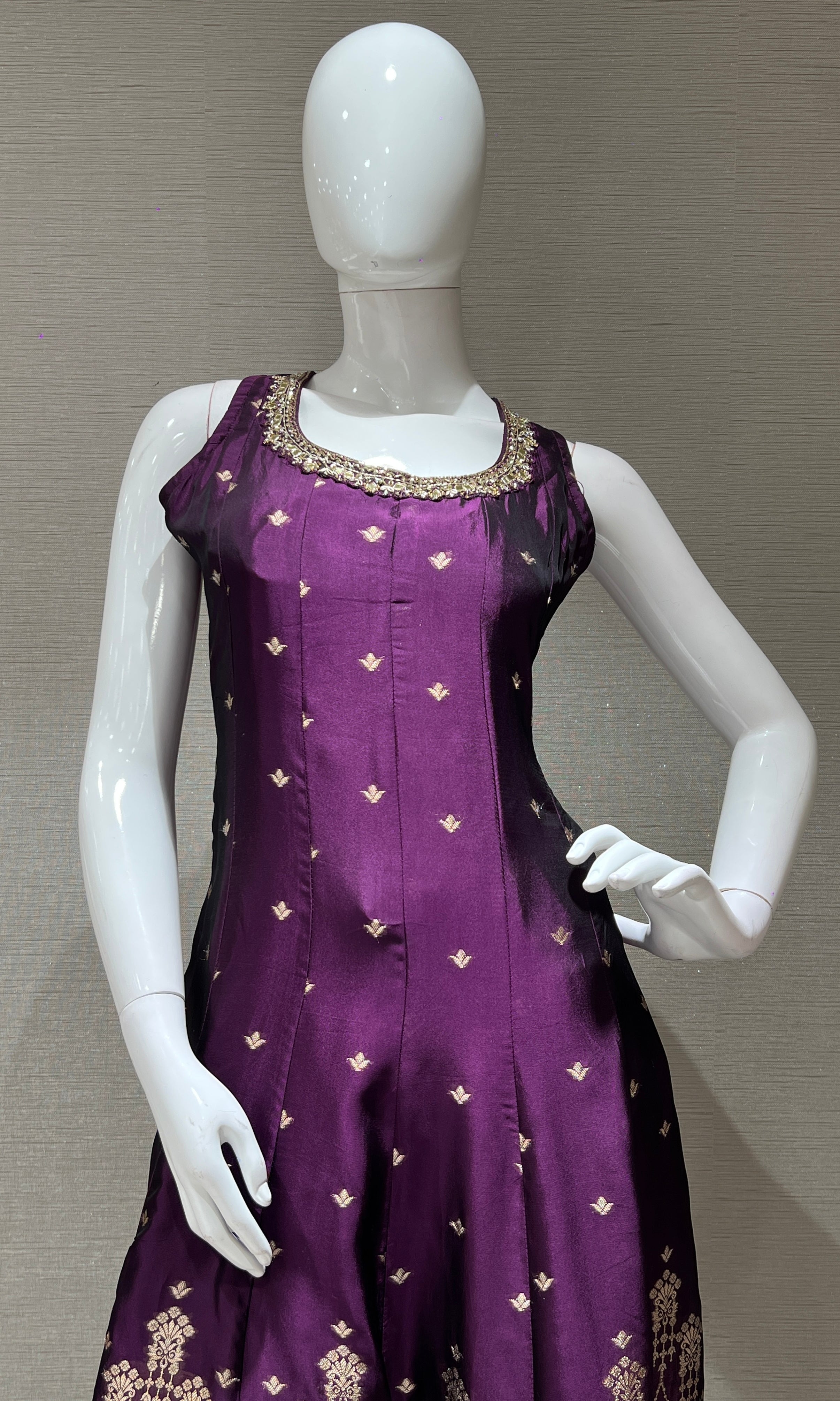 purple Anarkali with gold embroidery