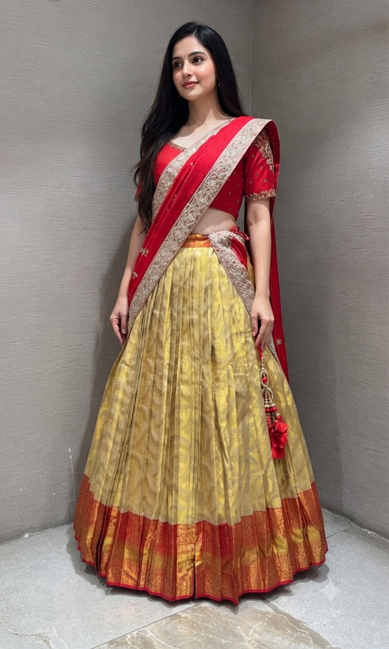 Red and gold banarasi pattu lehenga set