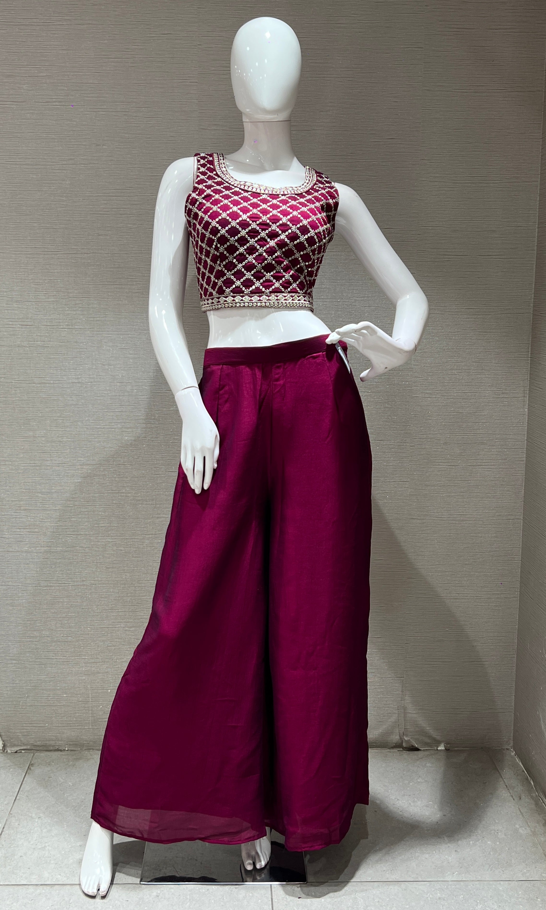 WINE EMBROIDERED JACKET STYLE PALAZZO