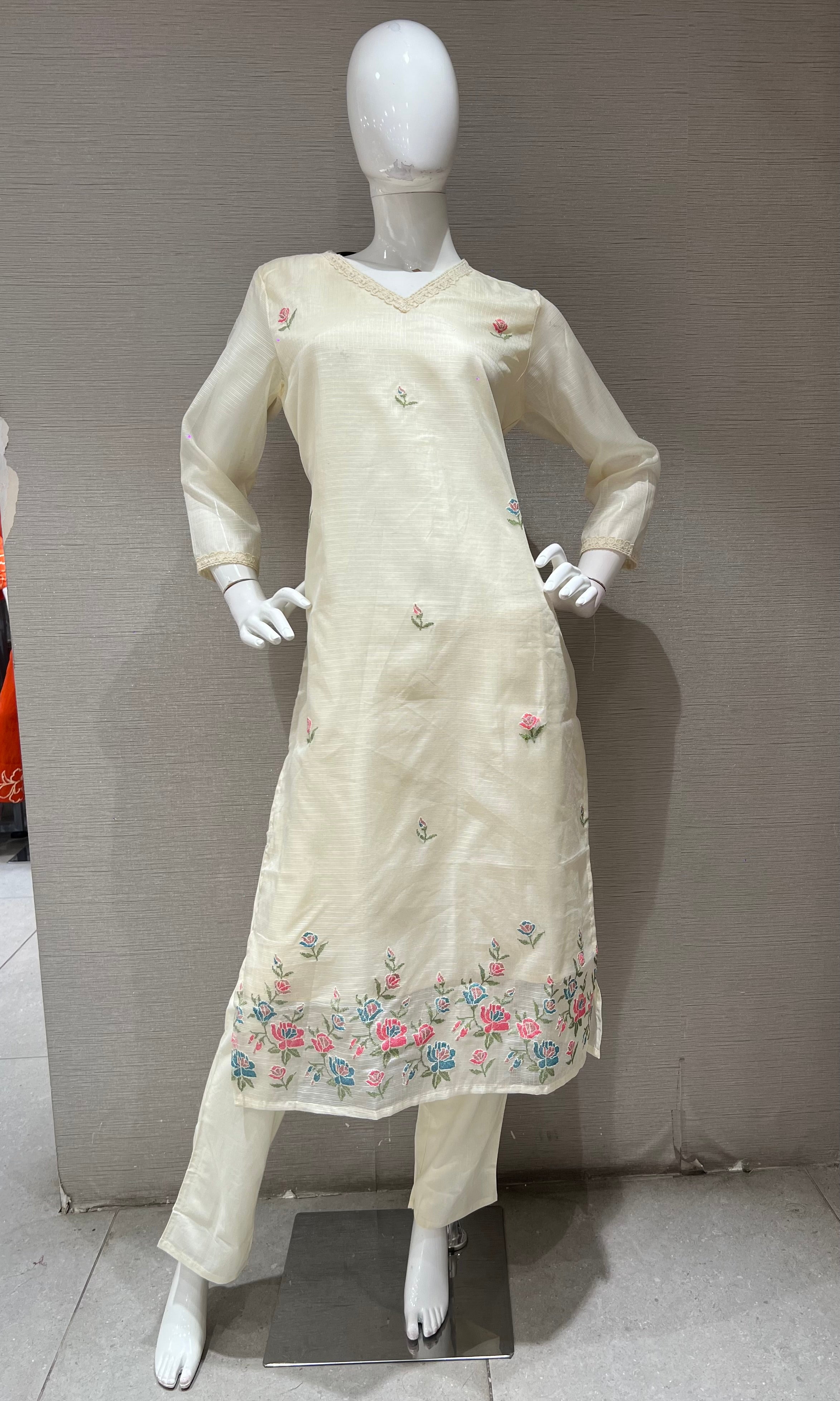 Cream Blossom Chanderi Kurta Set