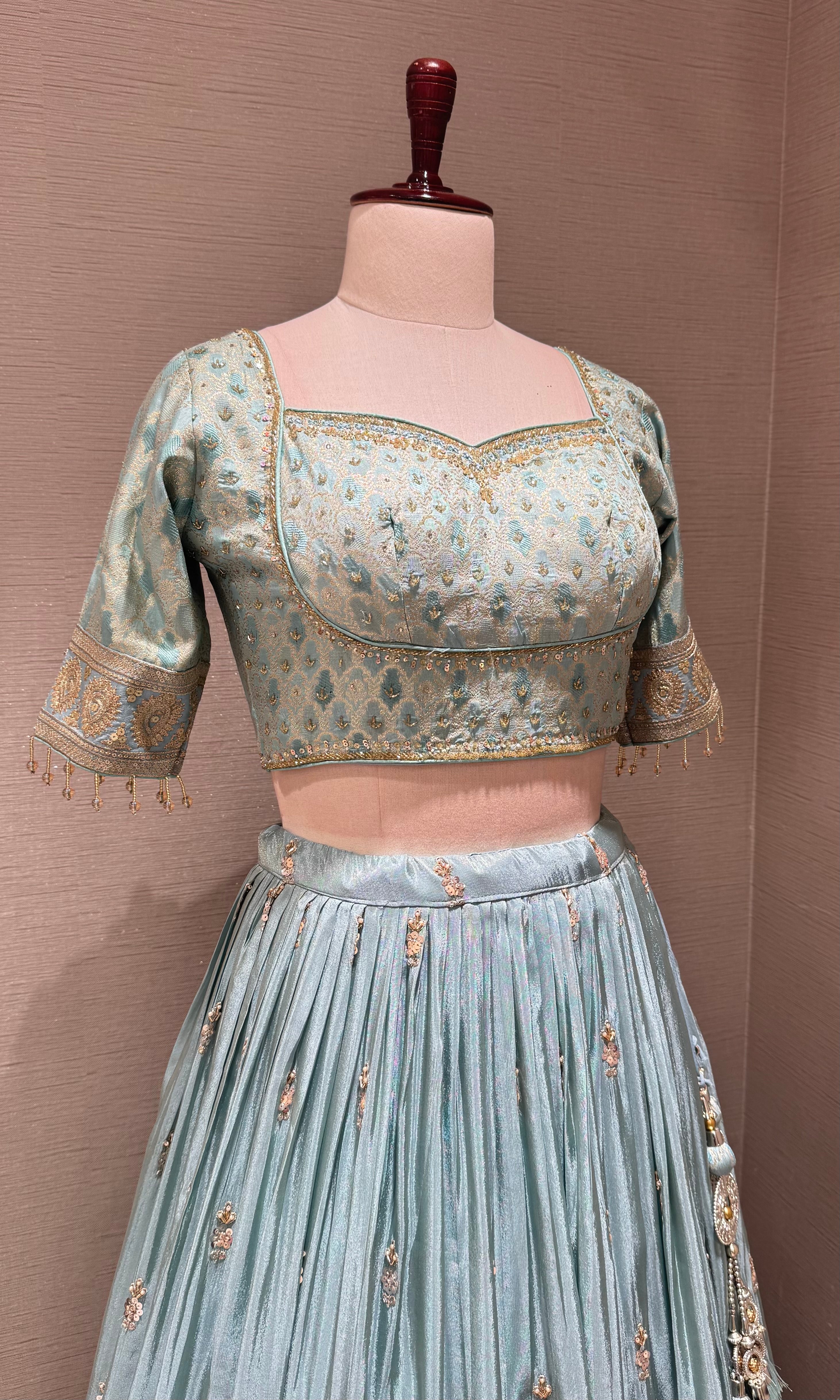 Light blue Sequins Embroidered Tissue Lehenga Choli