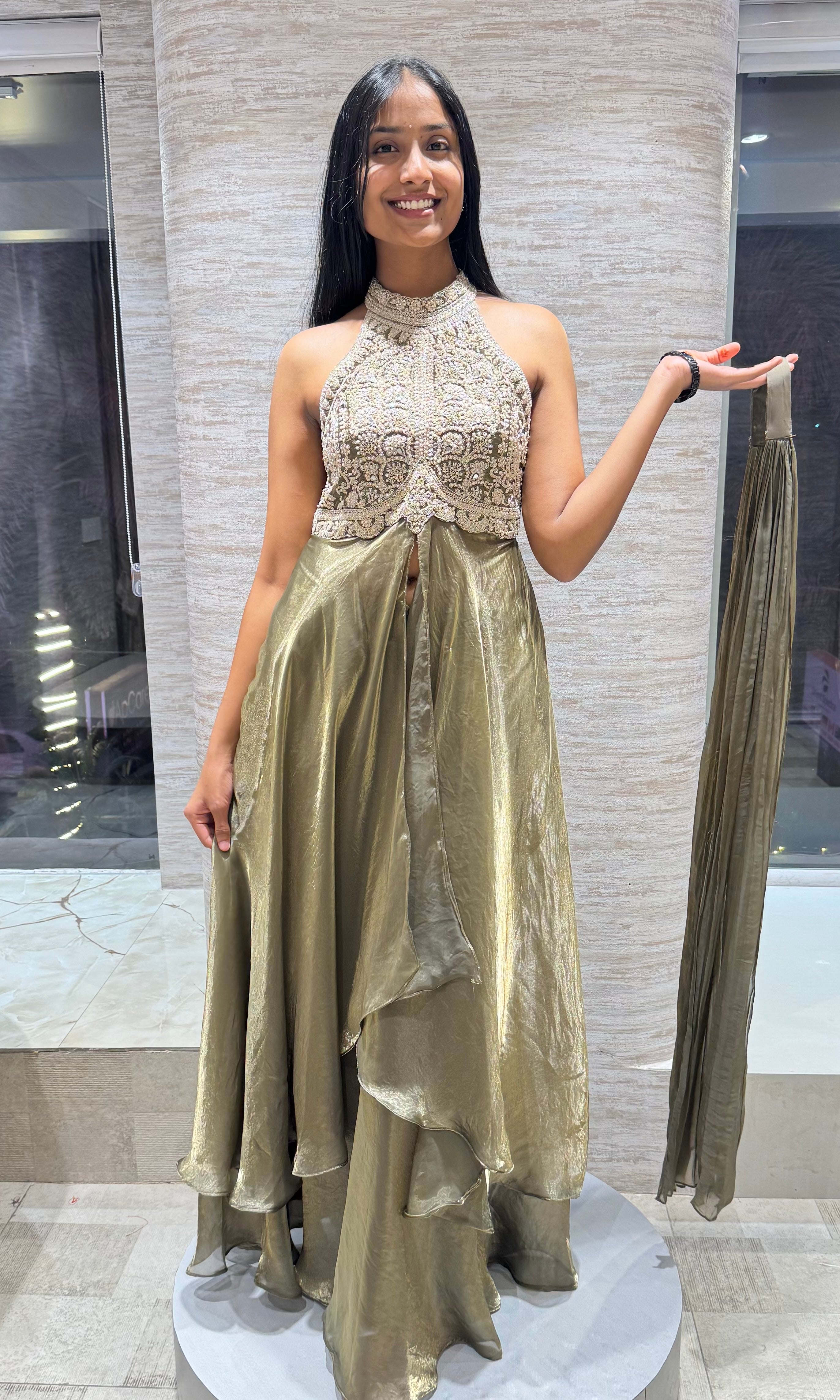 HALTER NECK ANARKALI SLIT TOP WITH FLARED PANTS