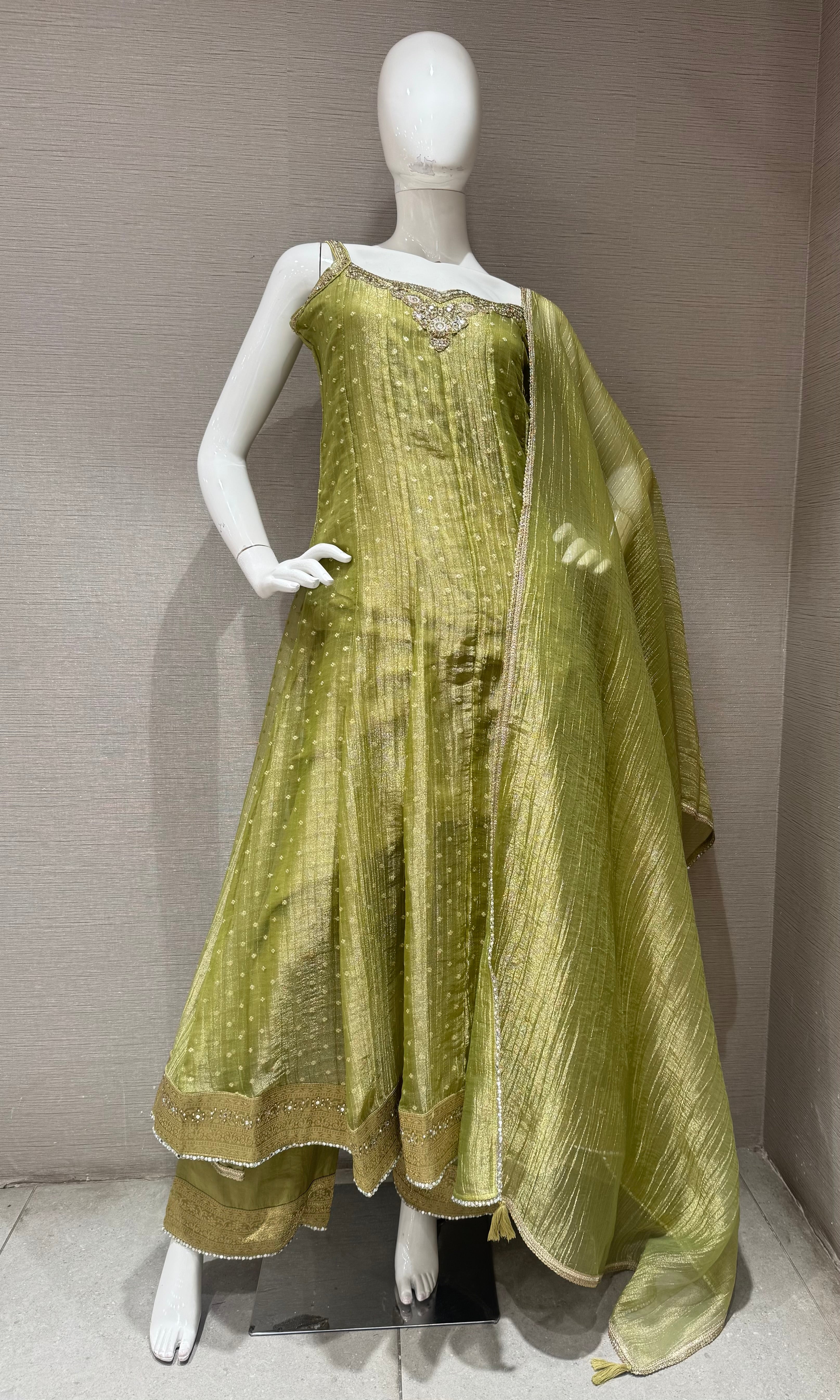 Green Shimmer Anarkali with Dupatta