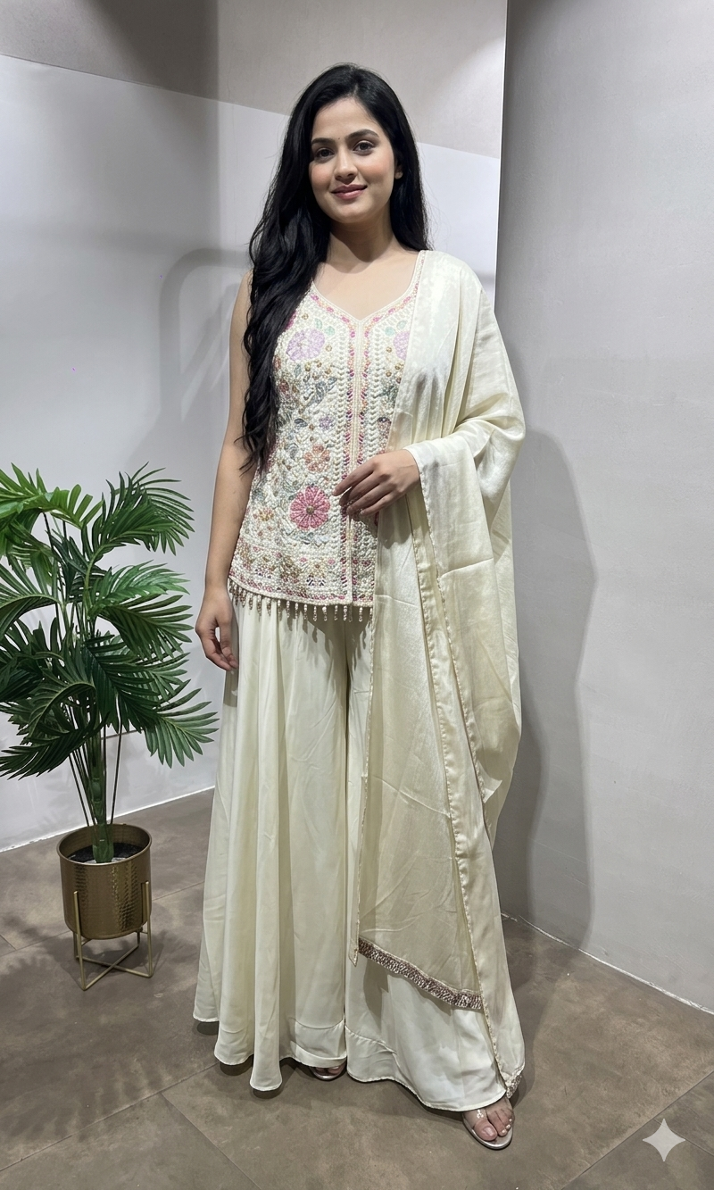 Cream Floral Embroidered Palazzo Suit