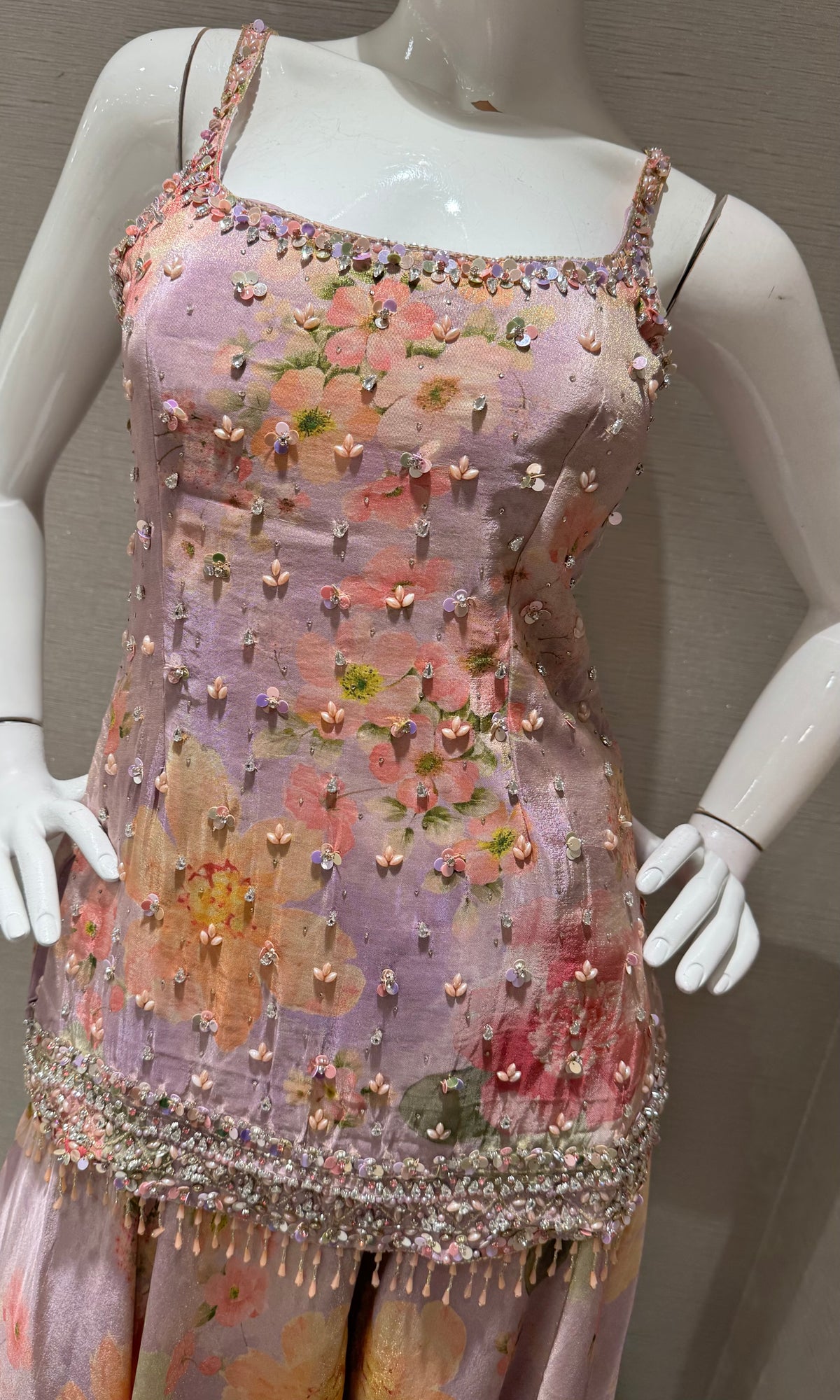LAVANDER Silk Organza Floral Printed Peplum palazzo set