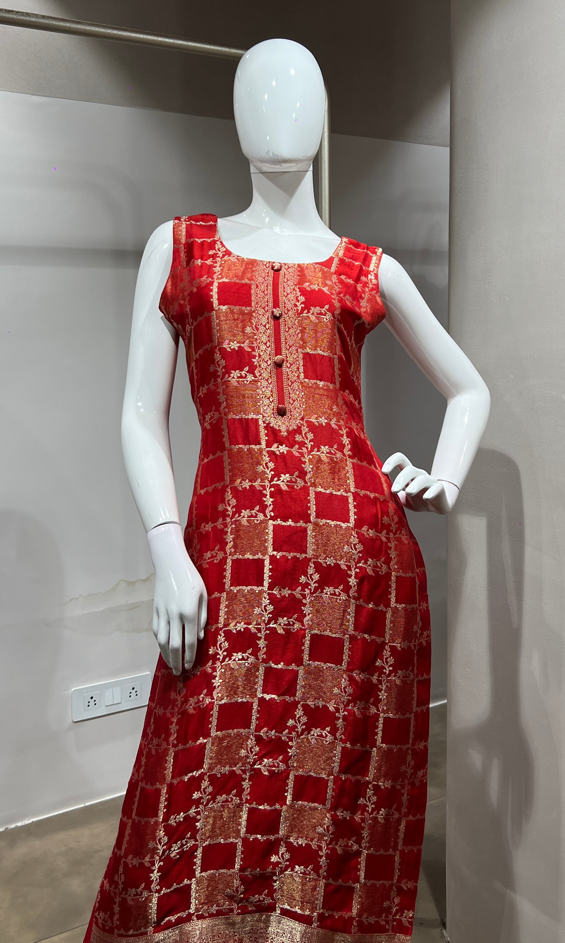 red Silk Embroidered Zari Kurta Set