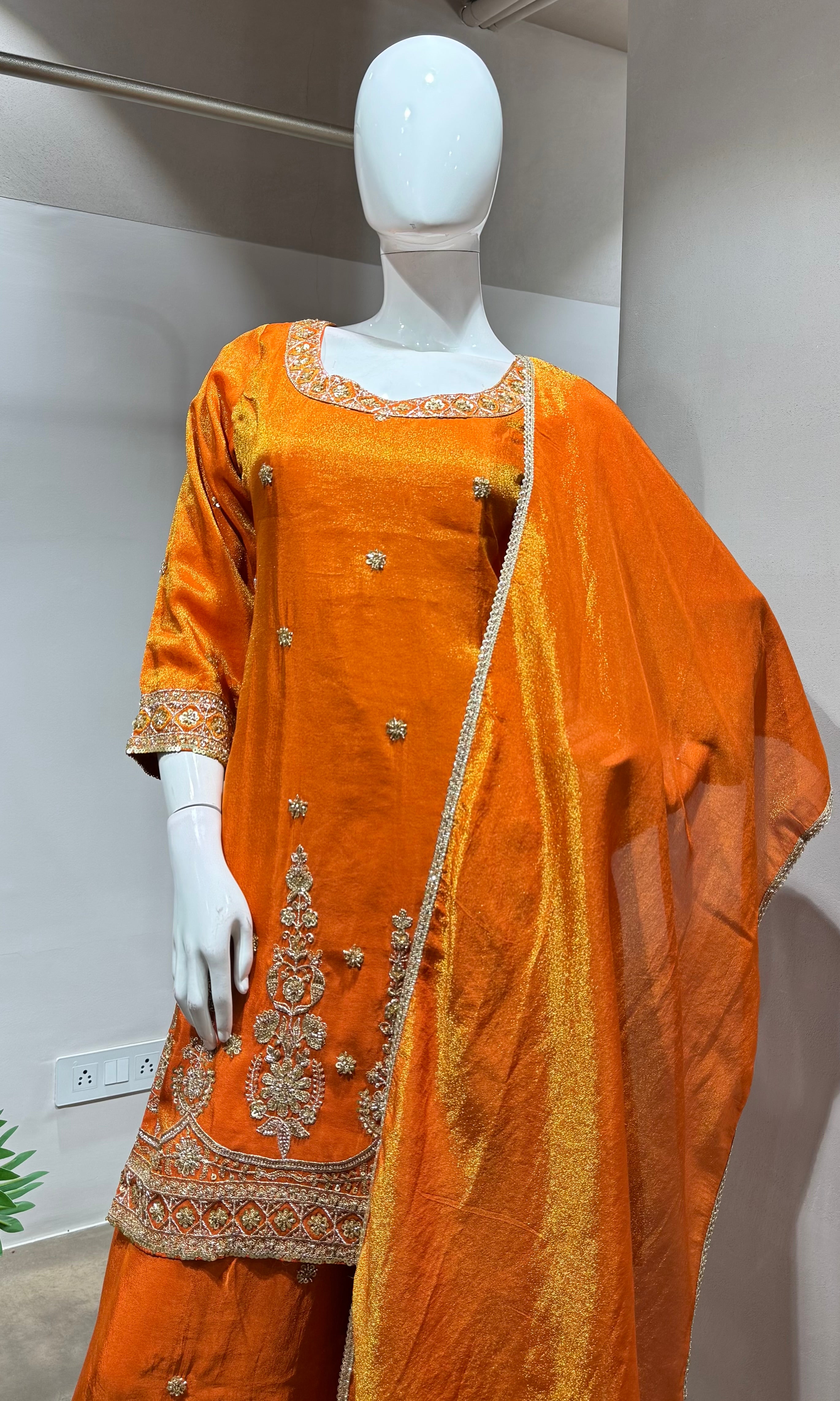 Orange  gold zari work sharara set