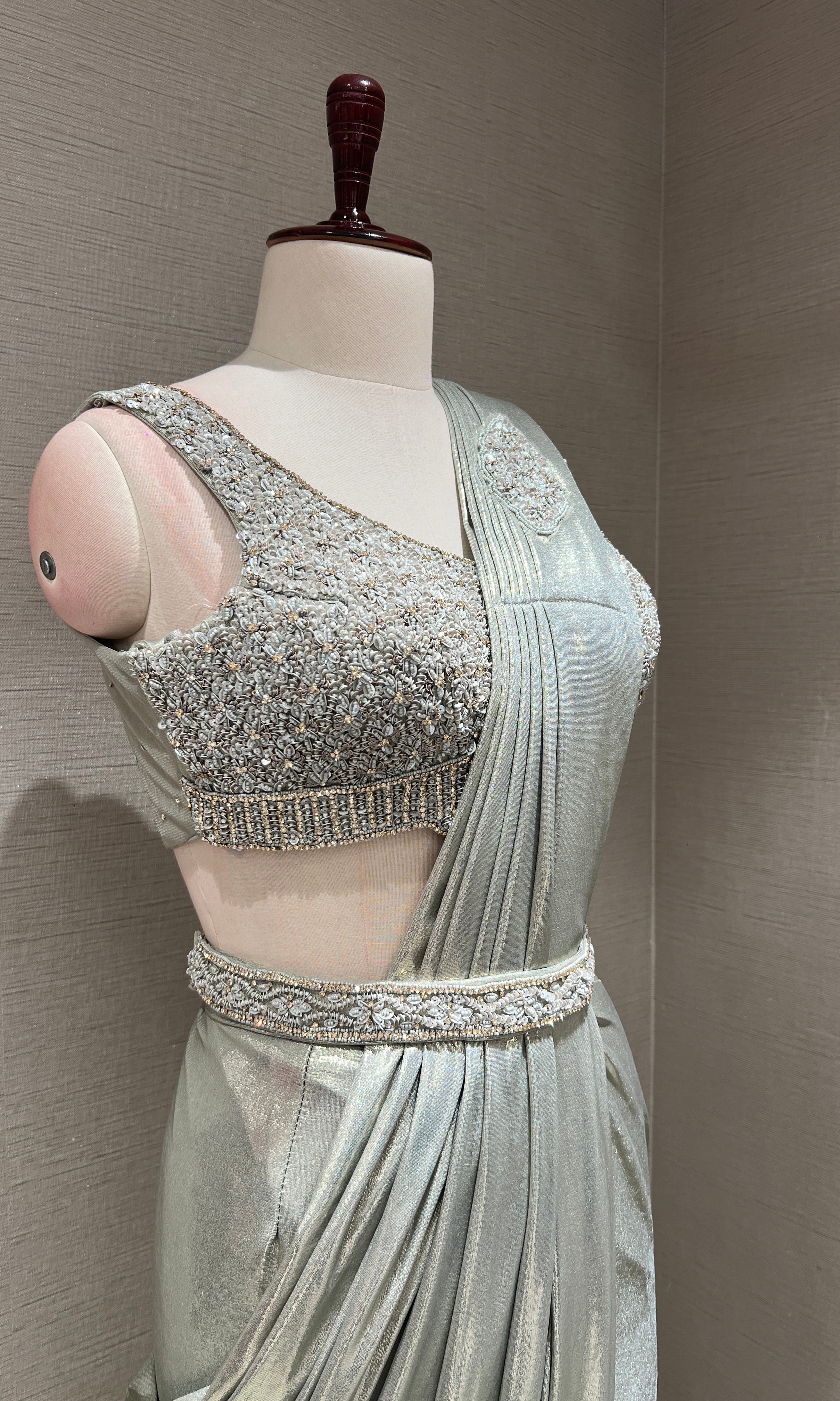 grey draped saree with sequin corset blouse