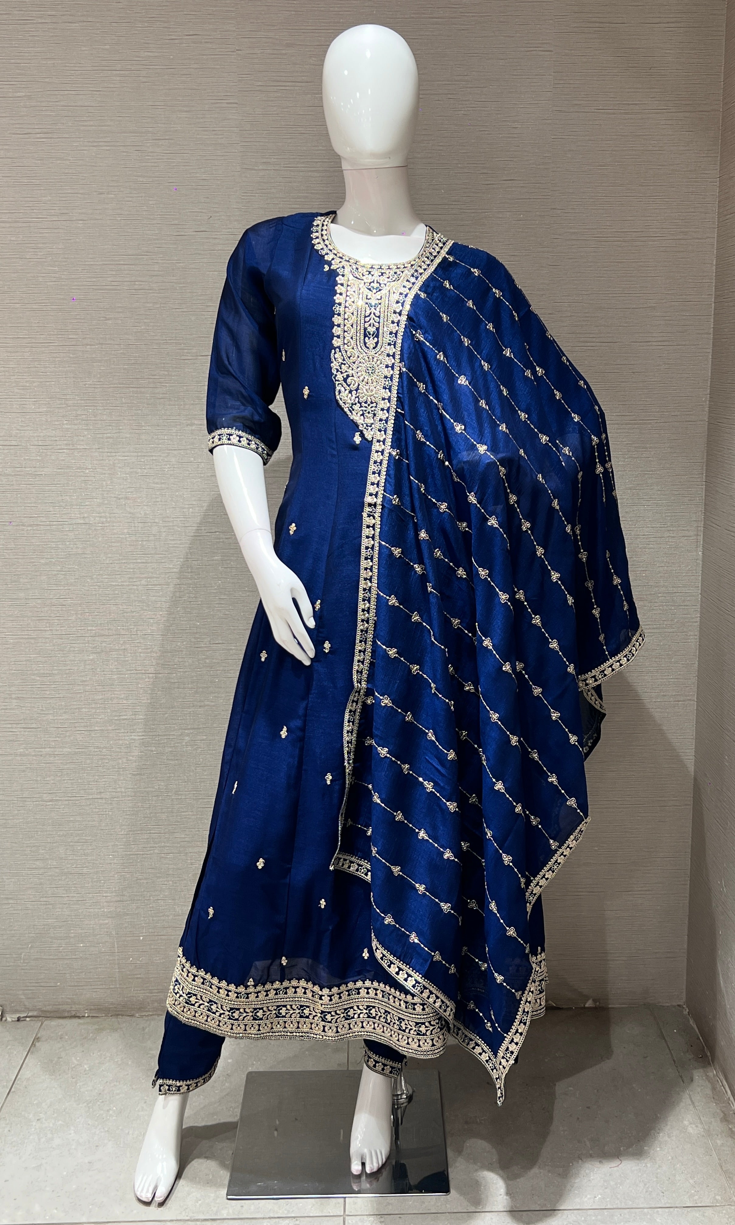 Navy blue golden embroidered kurta set