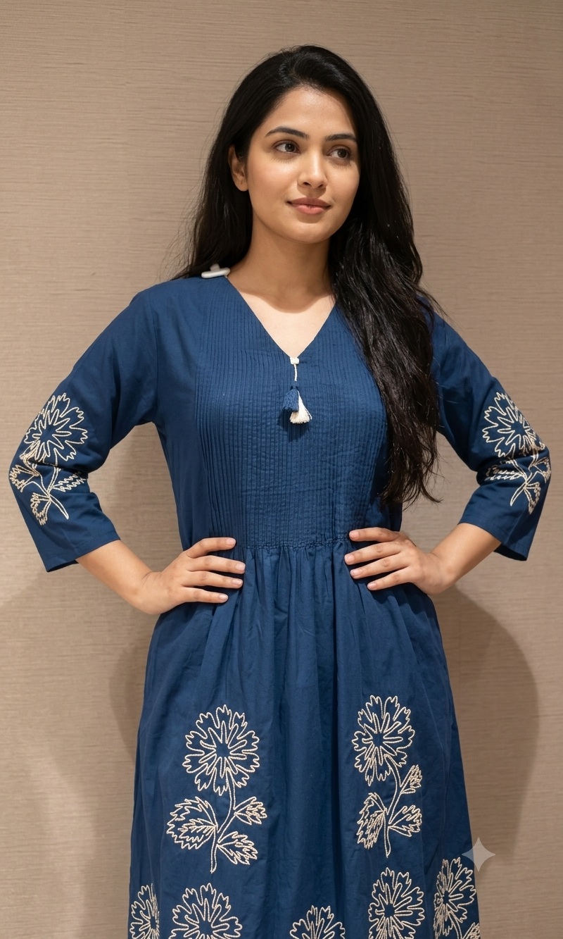 Blue white floral thread embroidery Kurta set