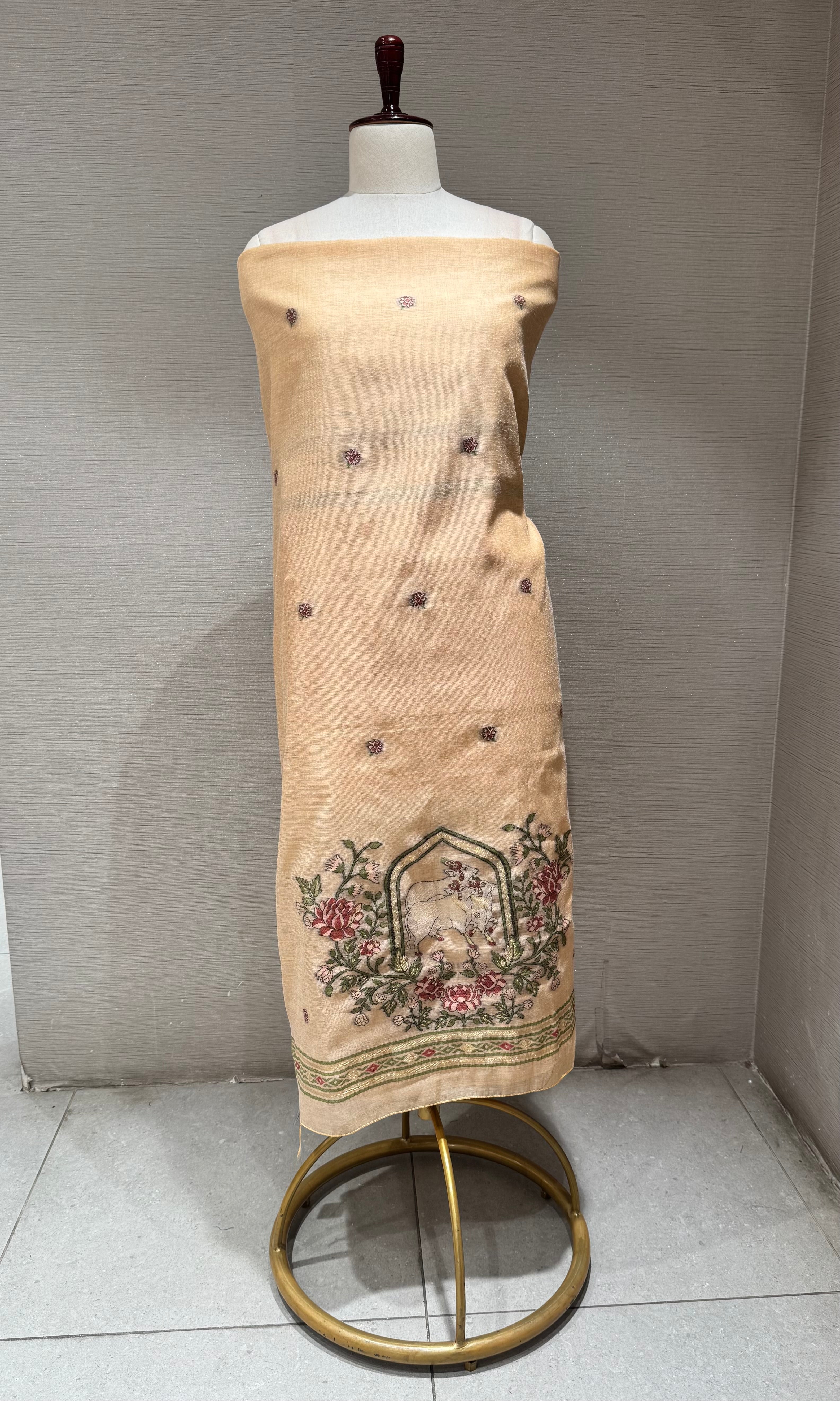 Light Beige floral embroidery dress material
