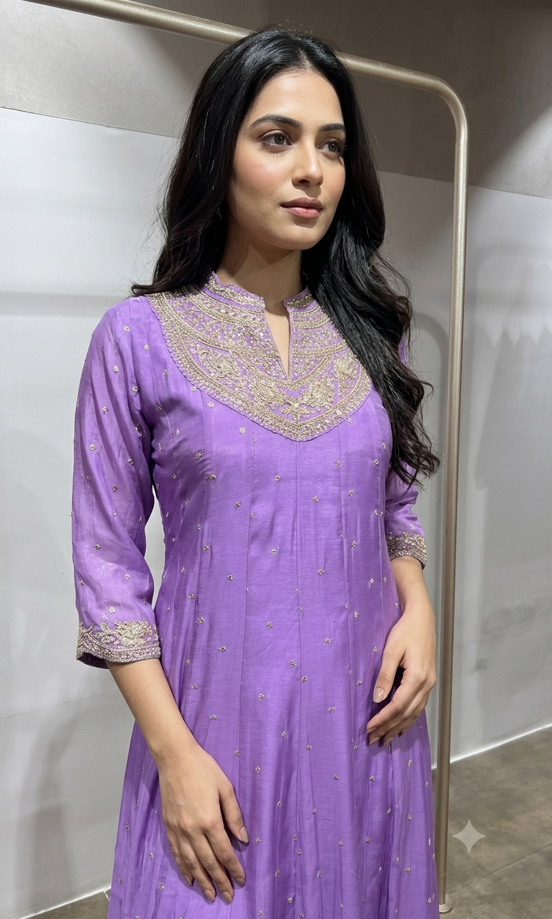 Lavender Silk Anarkali Suit Set with Scallop Dupatta