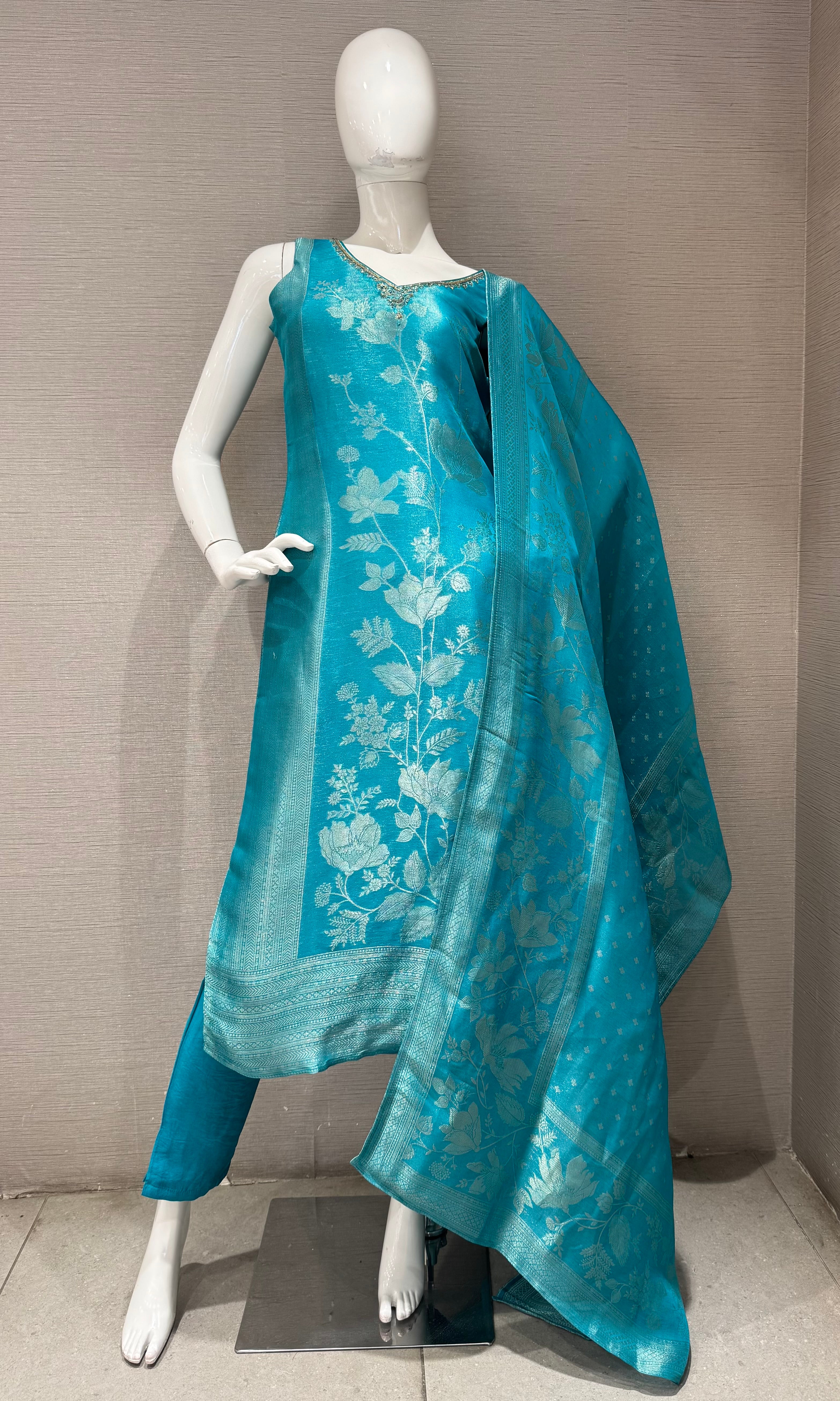 Rama Blue Banarasi Kurta set with Matching Dupatta