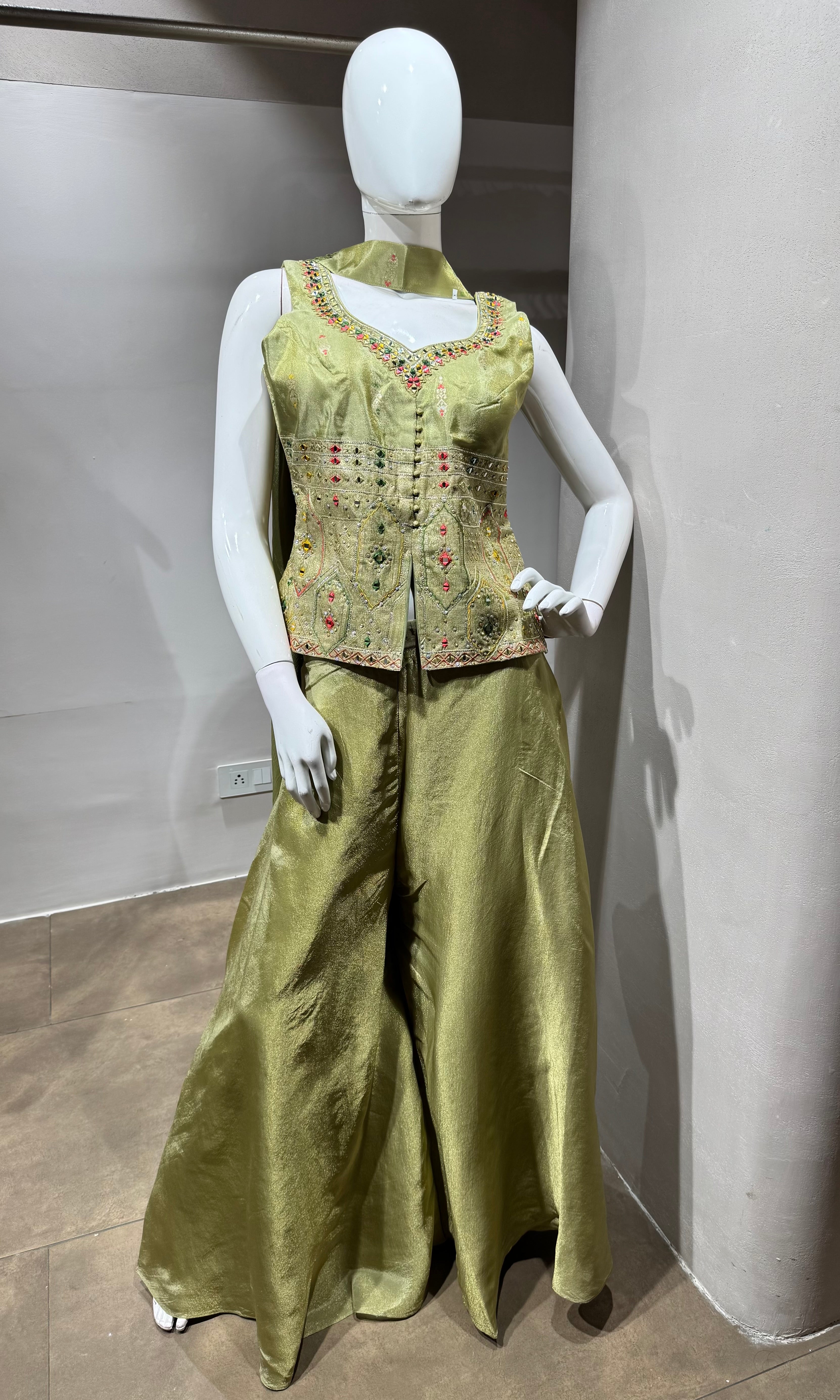 pista green embroidered palazzo set