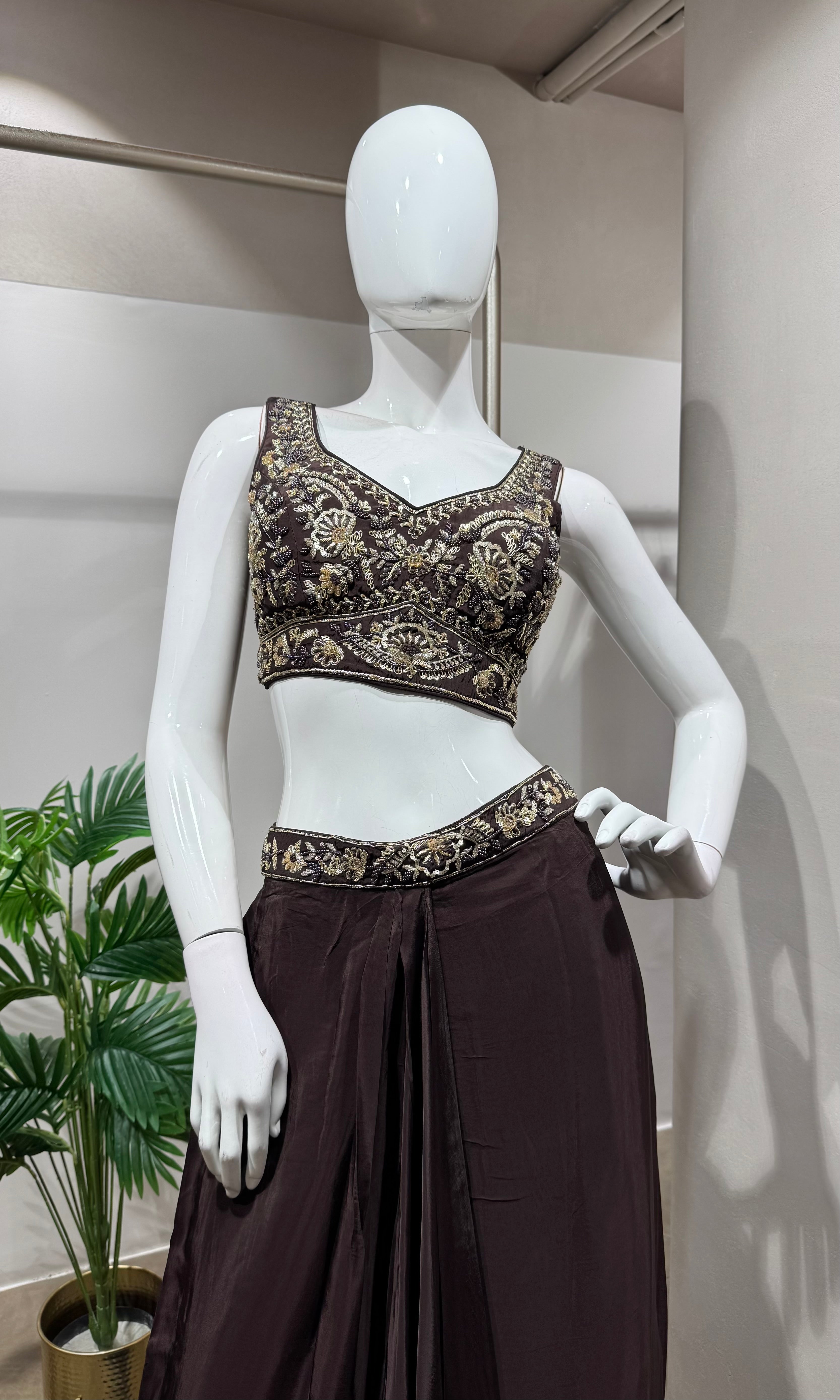 Brown silk drape skirt with cape & crop top