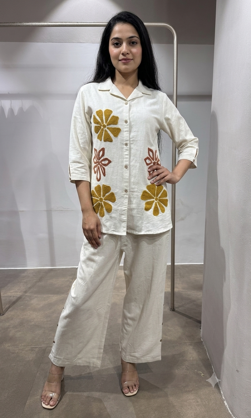 Cream & Mustard Bloom Linen cord Set