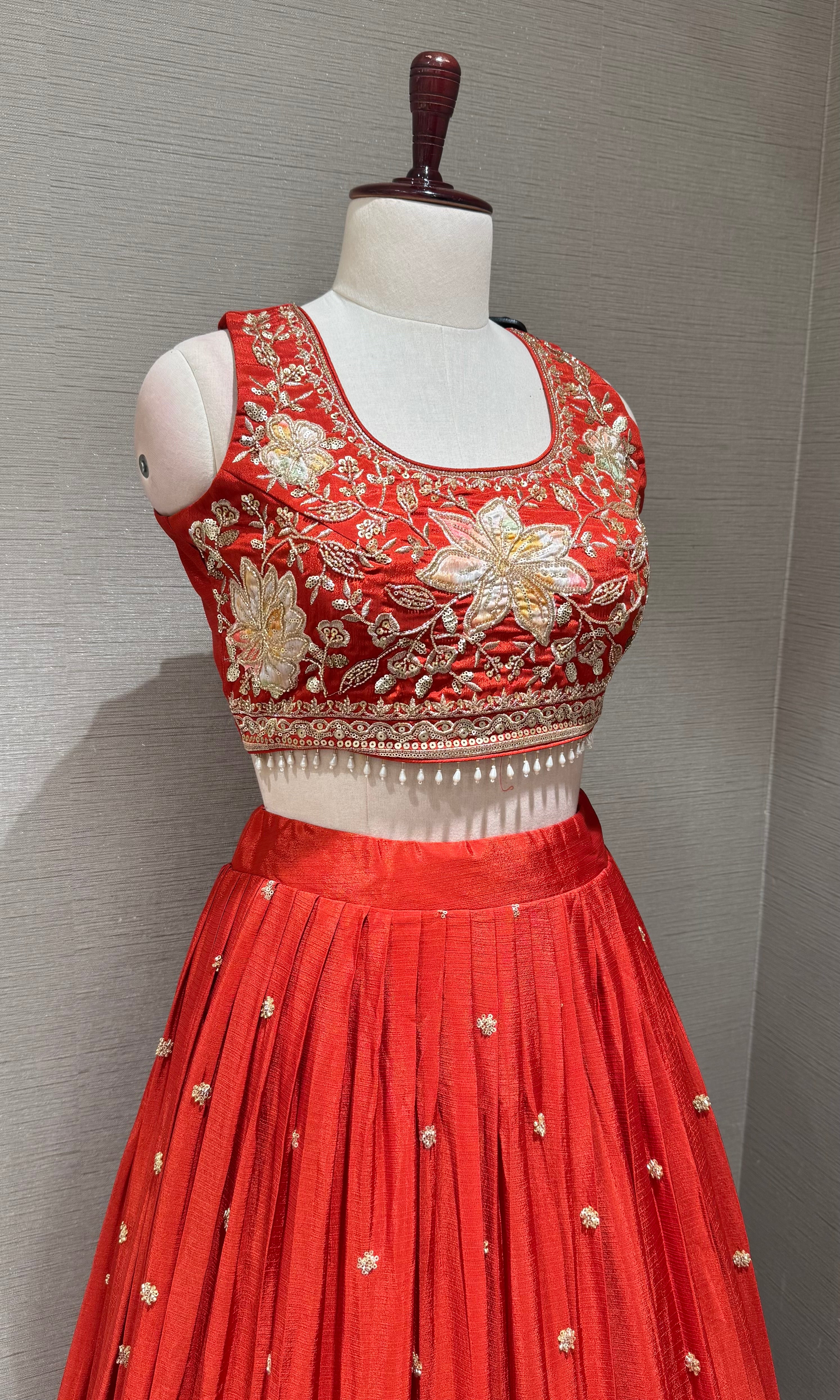 Orange Tissue silk Floral Embroidered Lehenga Set