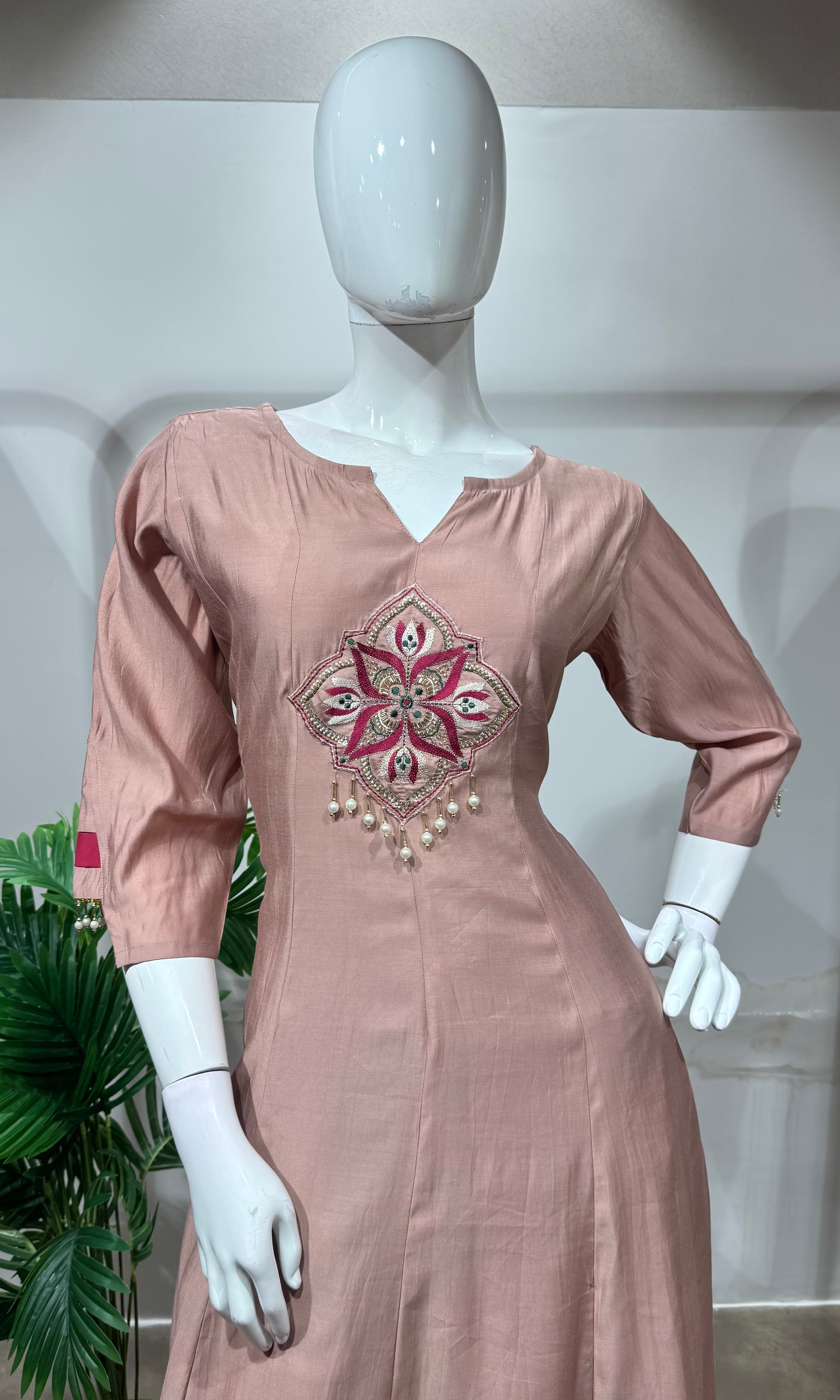Beige Rose Silk Straight Kurta Set