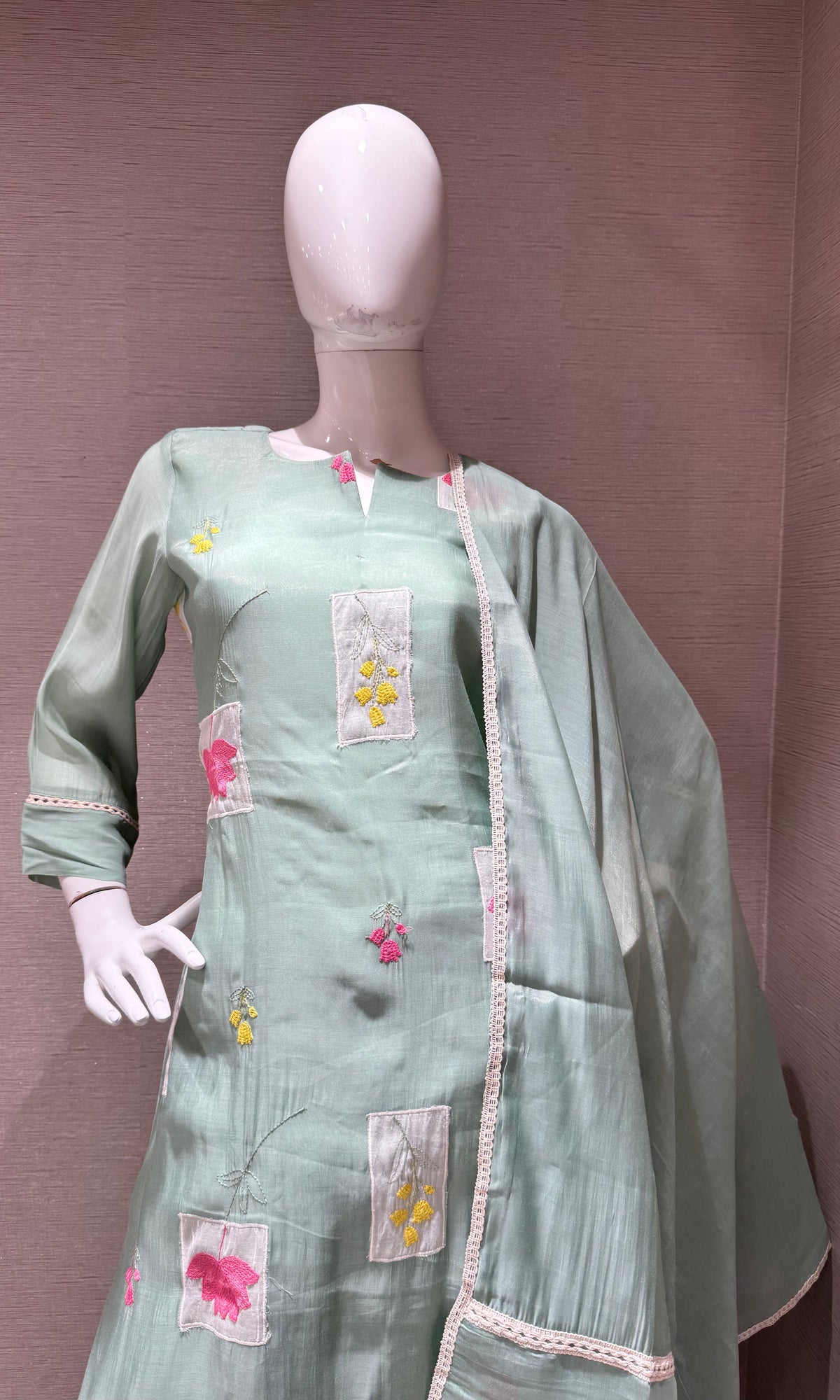 Green Floral Patchwork Kurta Set with Dupatta