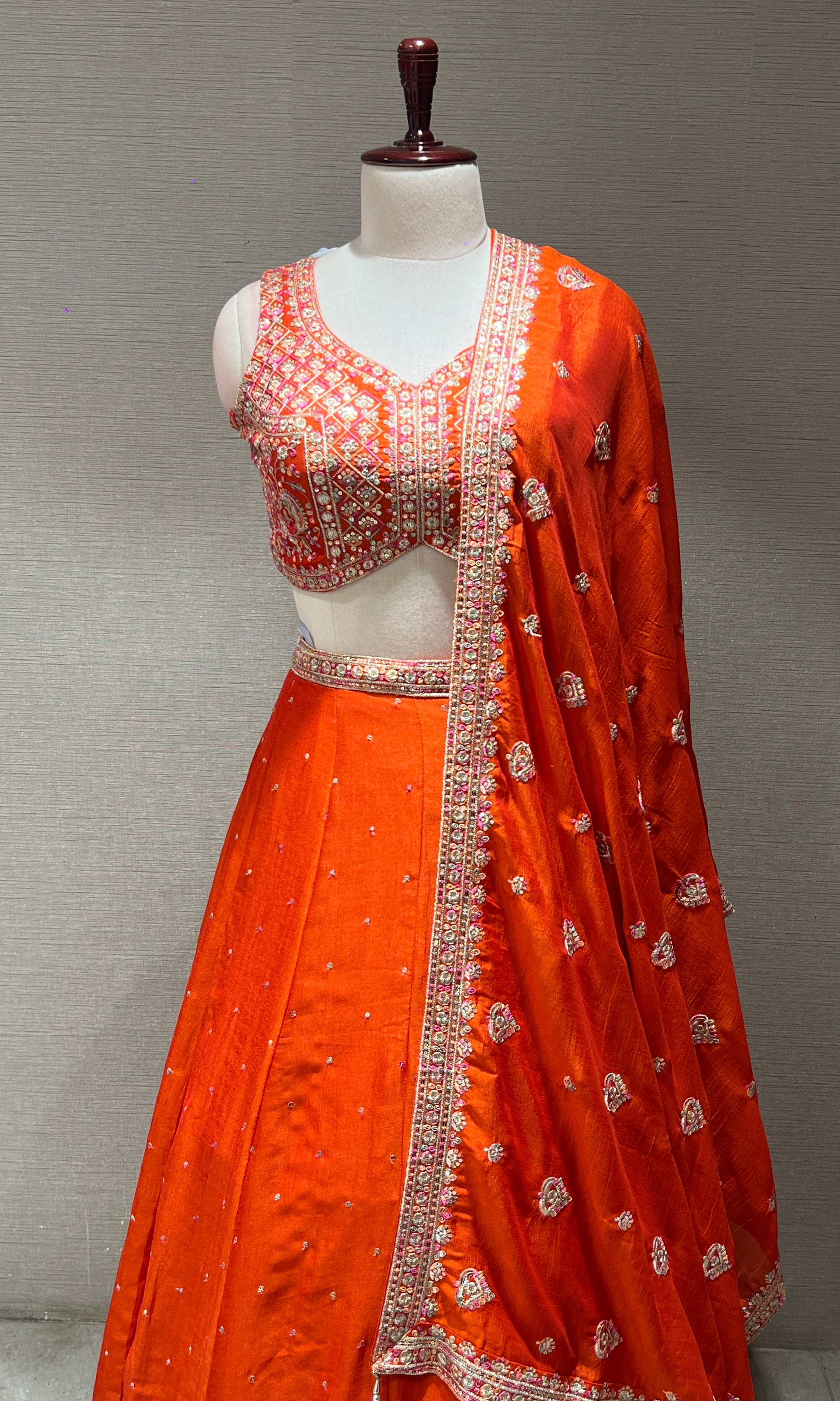 Orange Mirrorwork Embroidered Lehenga Set