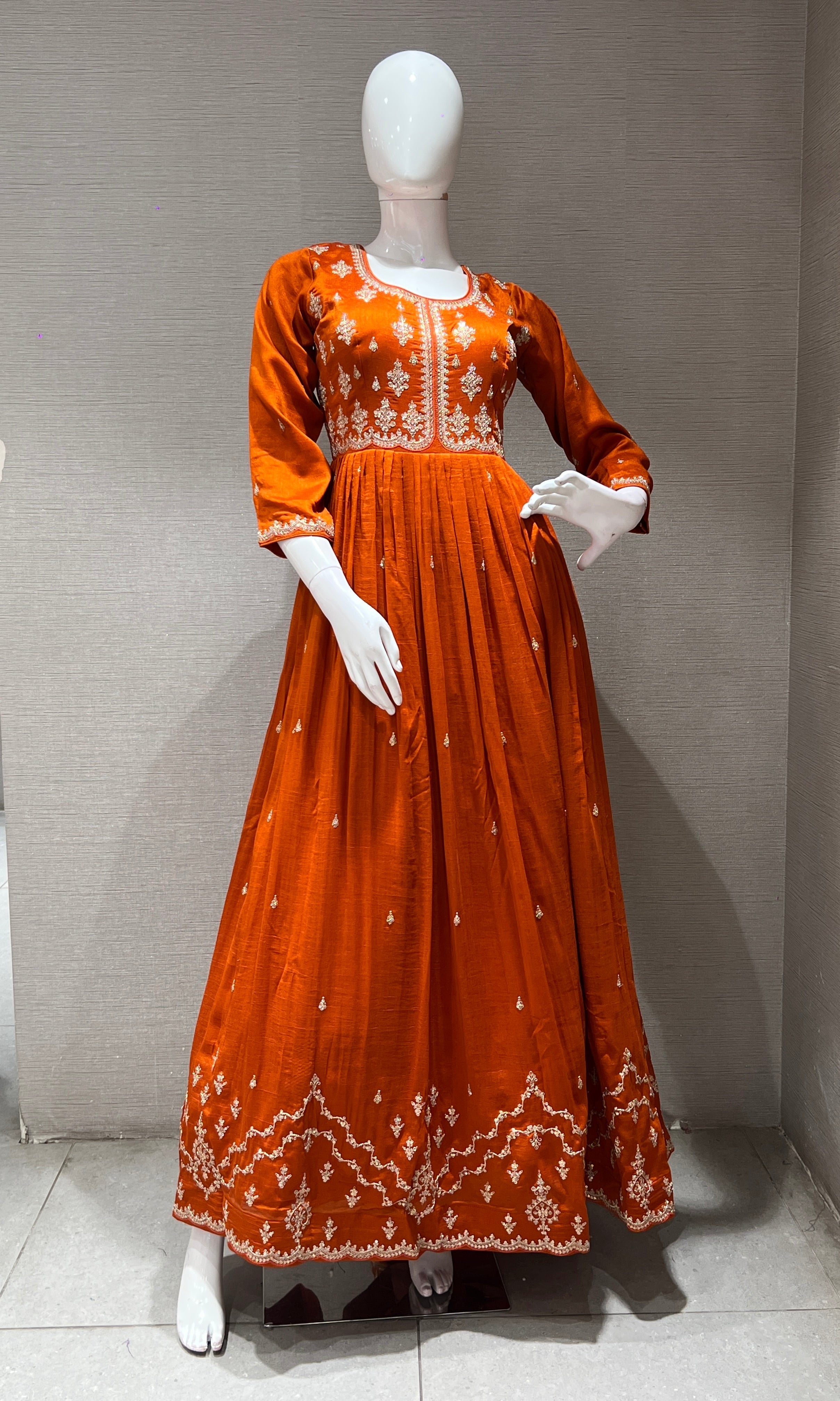 Rust EMBROIDERED LONG ANARKALI DRESS