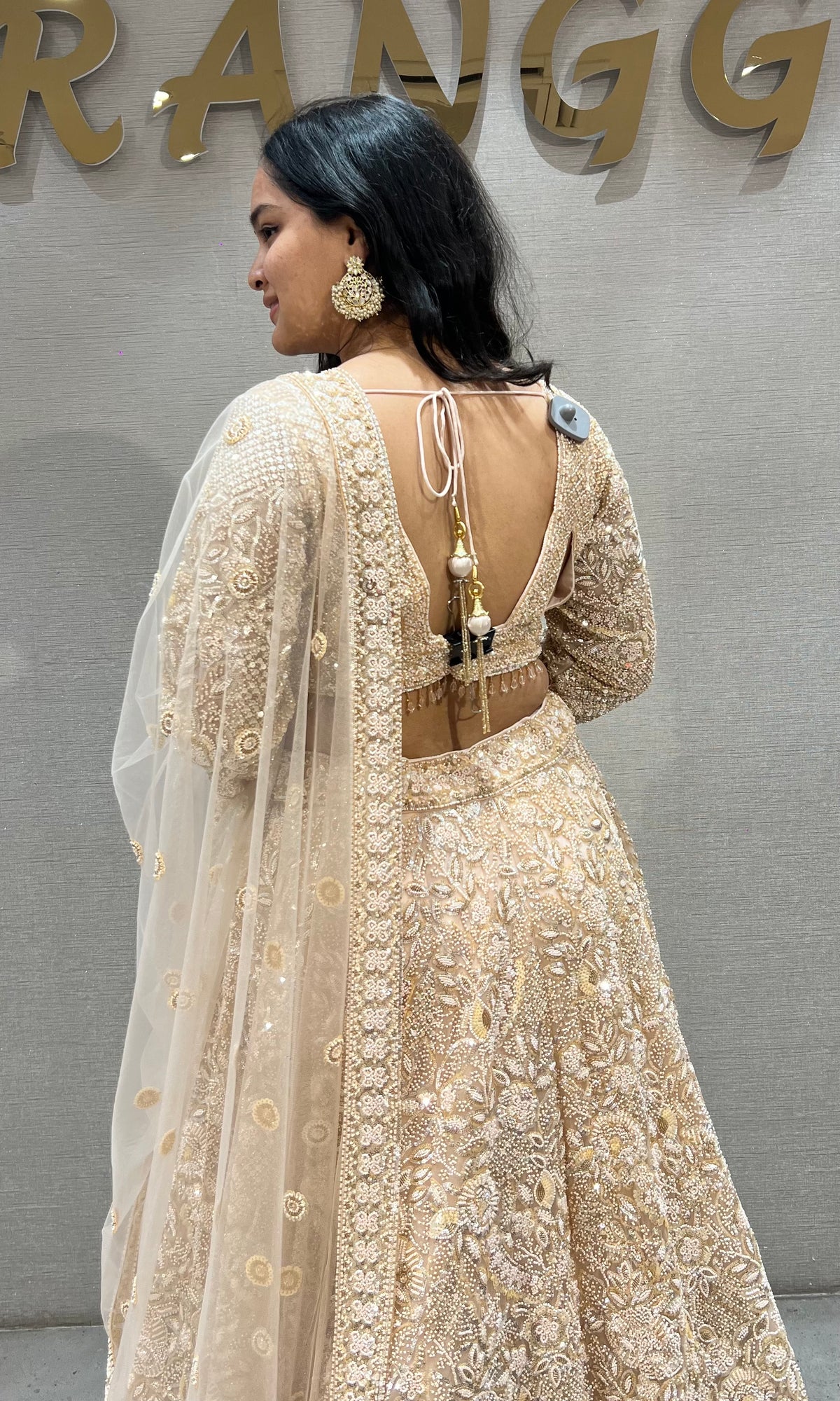 Champagne Cream Embellished Lehenga set with Sheer Dupatta